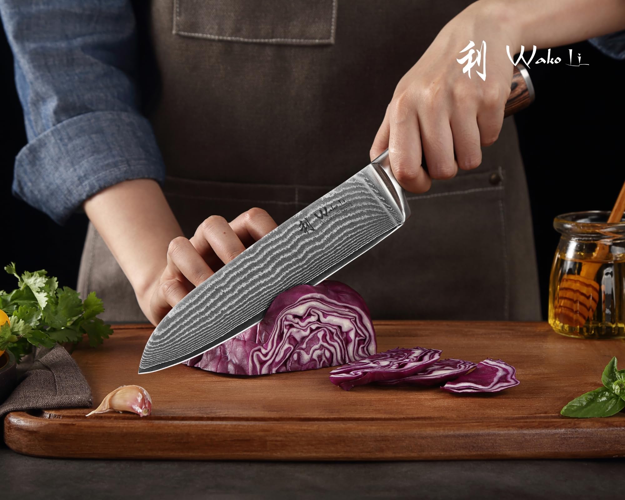 Wakoli Edib Set de 3 couteaux en Damas I Lames en acier damassé à 67 couches avec noyau VG10 et manches en bois de pakka I Couteaux de cuisine professionnels & couteaux damassés dans une boîte en bois