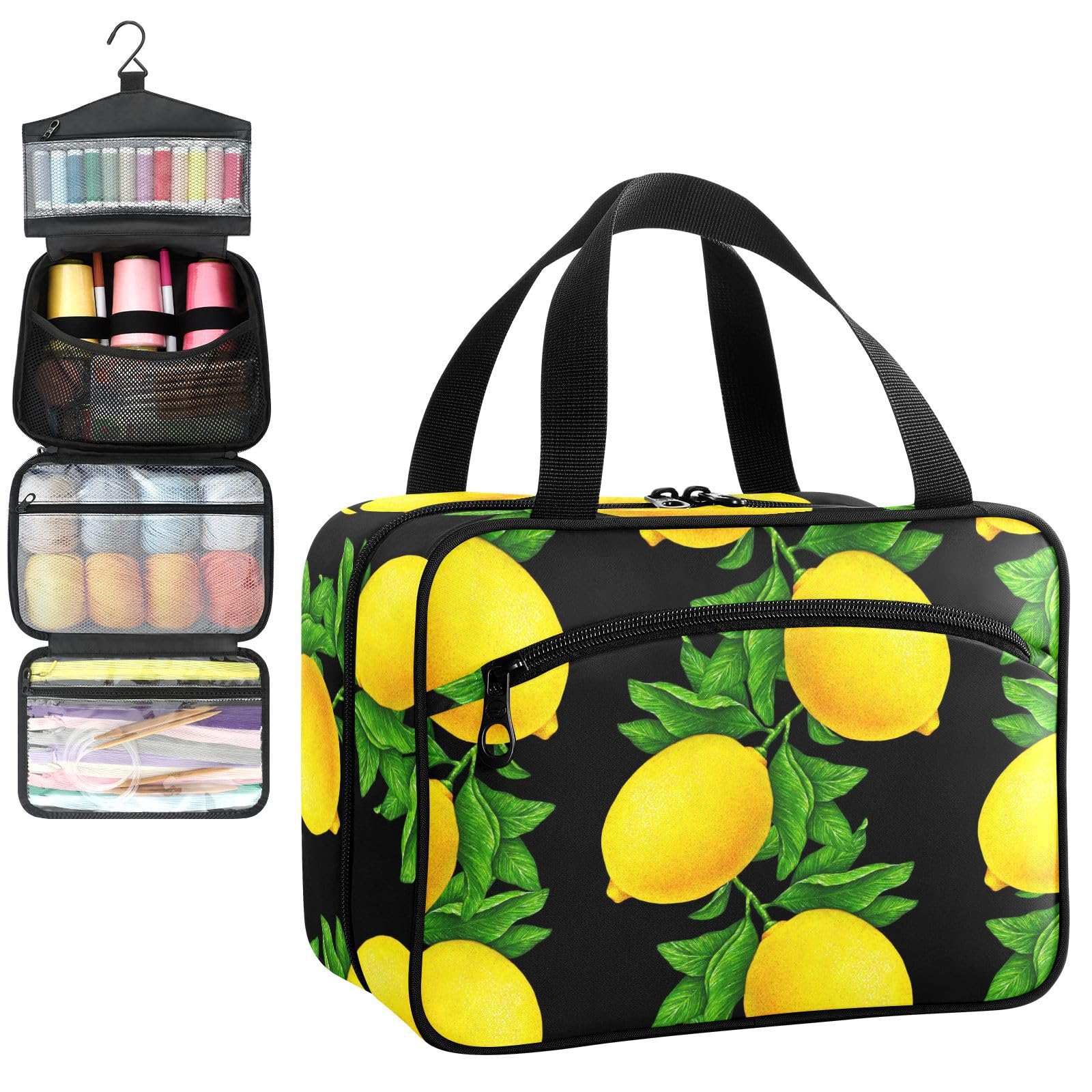 YNNALE Sewing Supply Organizer Bag, Black Yellow Lemon Summer Portable Sewing Bags with Pockets&Hanger, Sewing Storage Box Case for Sew Supplies/Kit/Tools/Accessories (BAG ONLY)