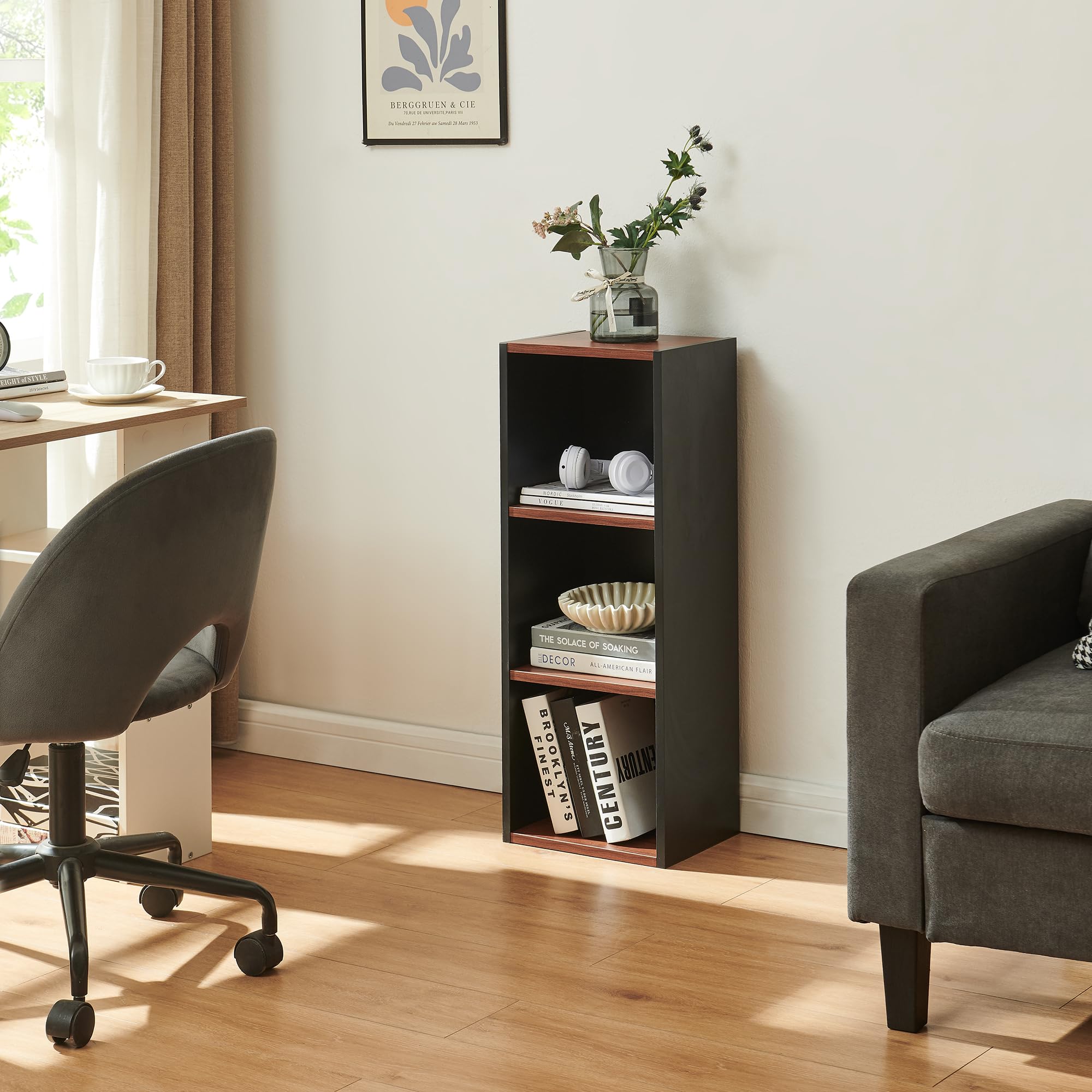 [en.casa] Scaffale da Terra con 3 Scomparti Aperti Libreria Mobile Contenitore Mensola Multiuso a Ripiani per Soggiorno Ufficio Ingresso 80 x 30 x 23 cm - Nero/Effetto Noce