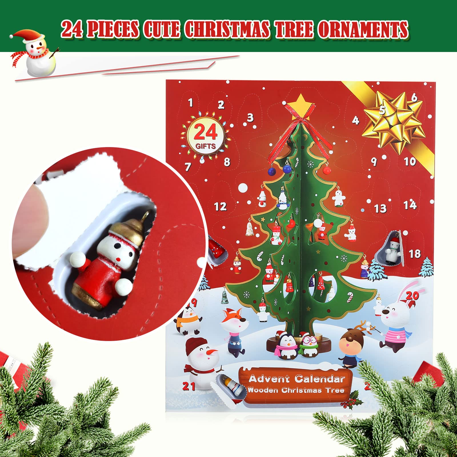 LEMESO Calendario de Adviento Árbol de Navidad Madera 3D con 24 Decoraciones Colgantes 35,5cm