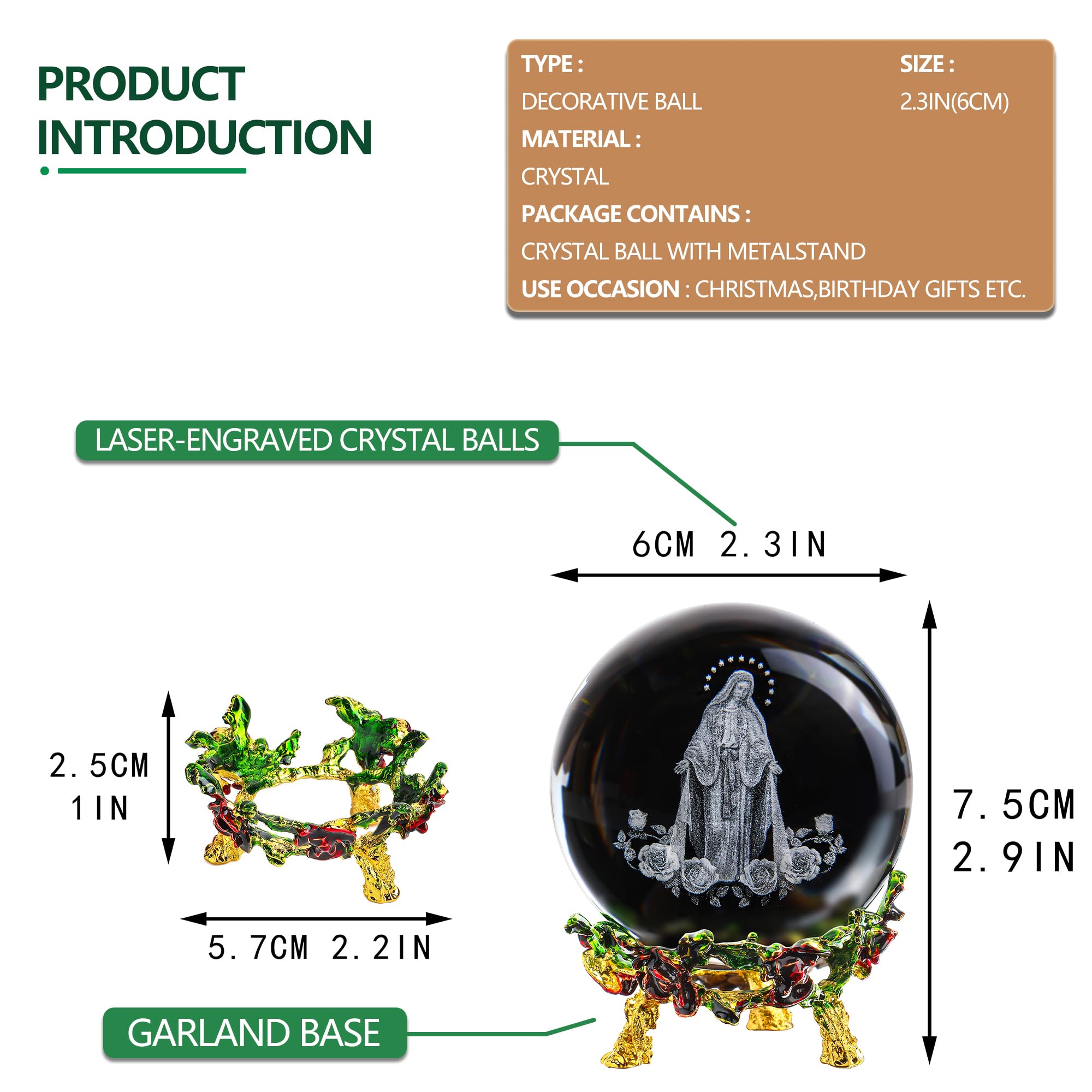 ZEERSHEE 3D Our Lady of Guadalupe Crystal Ball with Rose Stand Laser Etched Virgin Mary Statue Christian Catholic Religious Easter Gifts