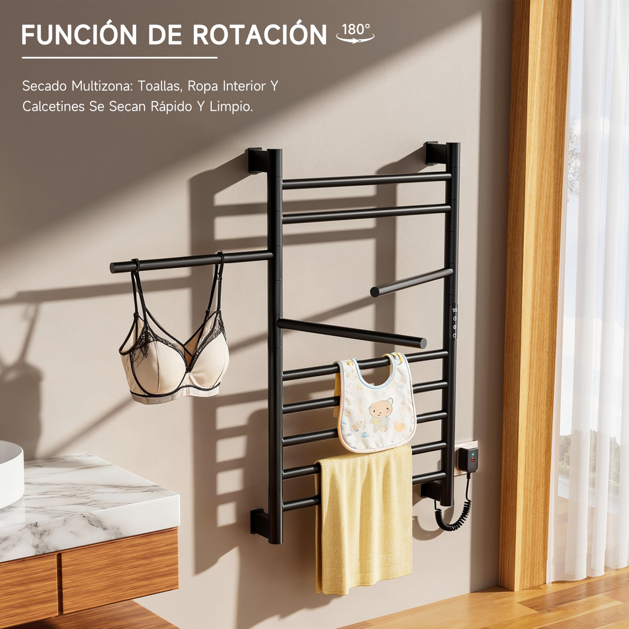 Toallero electrico baño 520×850 mm,Negro Radiador toallero,Toallero eléctrico de bajo Consumo,Algunos Elementos calefactores Pueden Girar 180°,Incluye Pantalla LED,Control táctil y Temporizador