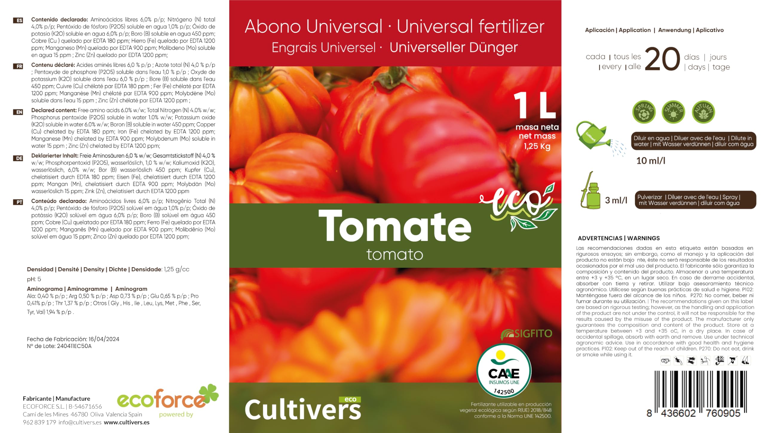 CULTIVERS Engrais Liquide Biologique pour Tomates 10 L. Engrais 100% Biologique Et Naturel, Améliore La Saveur Et La Croissance. Améliorer La Qualité Et La Récolte des Fruits