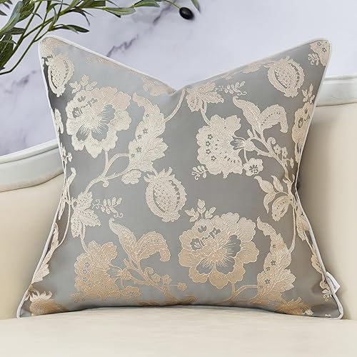 Yamminess Funda de almohada gris vintage con diseño de flores rústicas, funda de cojín jacquard con textura de satén para sofá, dormitorio, sala de