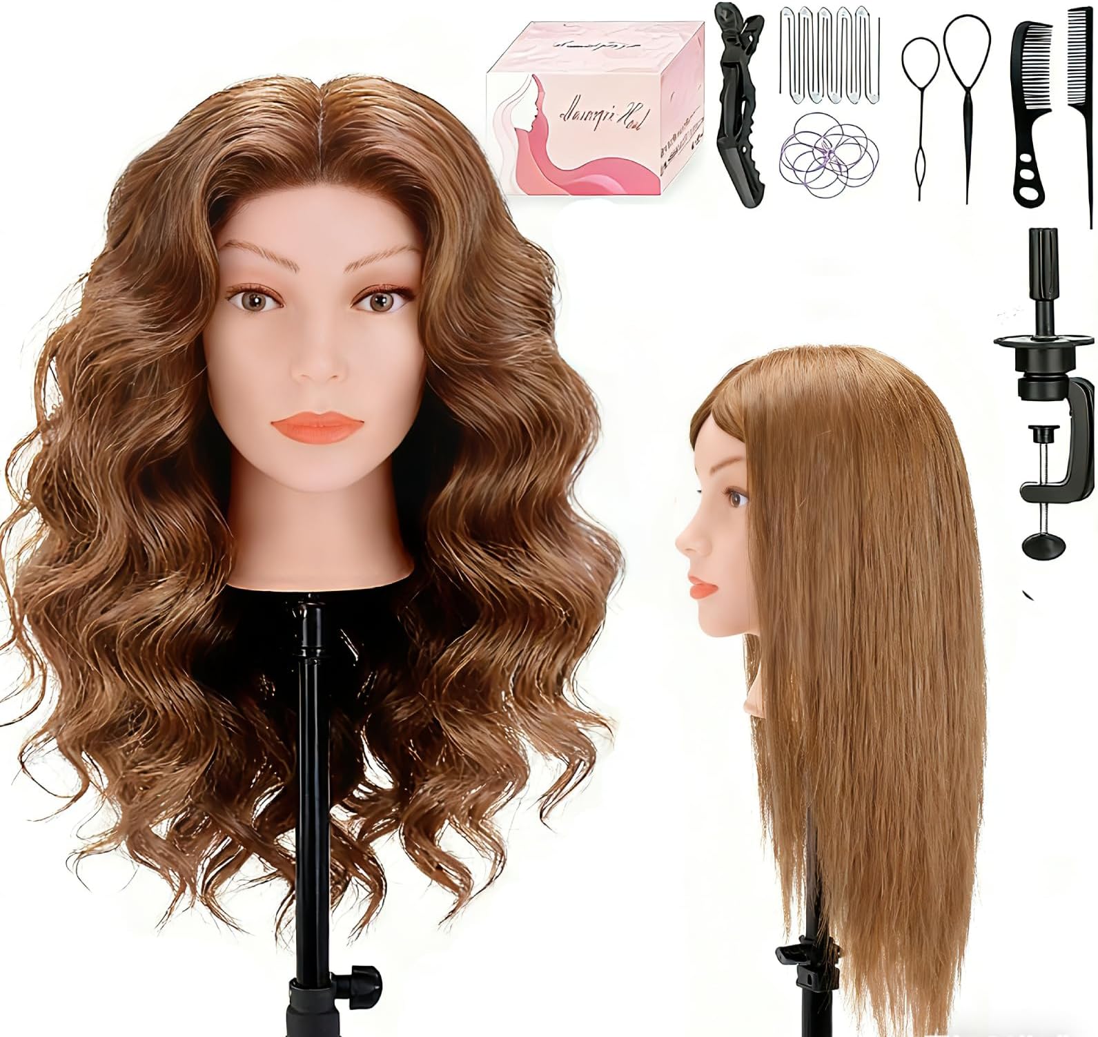 Mannequin Head 26" 100% Real Hair, Doll Head for Hair Styling & braiding with Table Clamp Holder + DIY Hair Styling Set, Mannequin Head for Cosmetology Training Head and Stylist Supplies（Light brown）