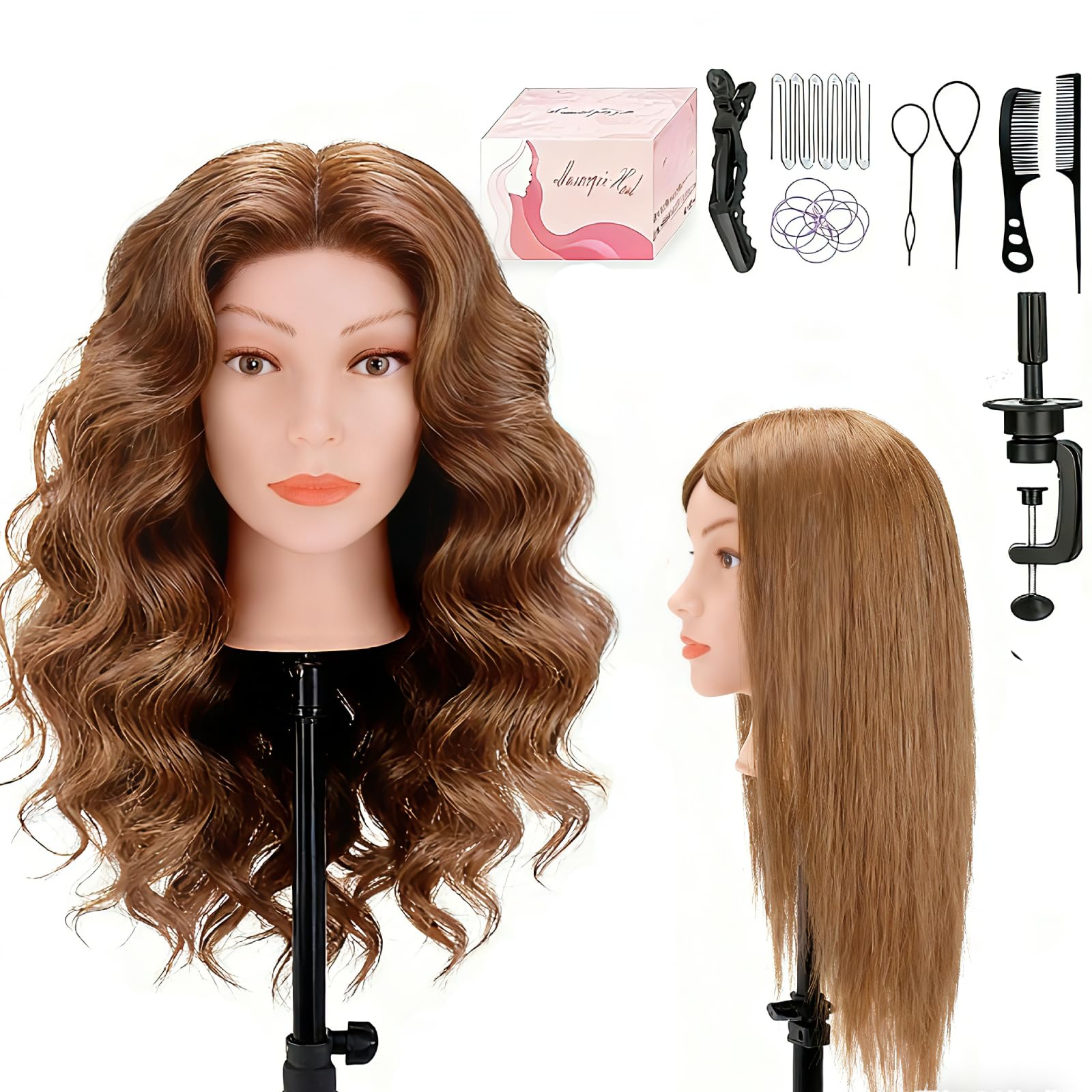 Mannequin Head 26" 100% Real Hair, Doll Head for Hair Styling & braiding with Table Clamp Holder + DIY Hair Styling Set, Mannequin Head for Cosmetology Training Head and Stylist Supplies（Light brown）