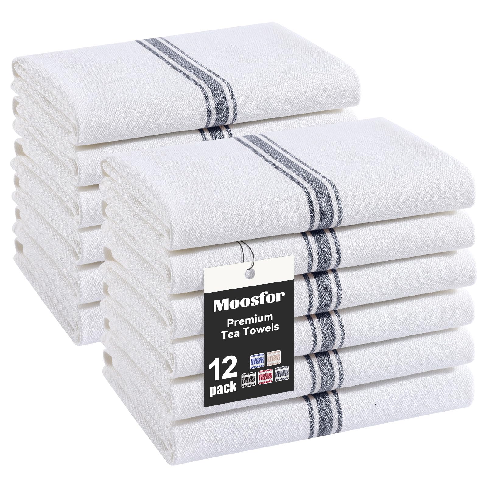 Moosfor 100% Organic Cotton Tea Towels Extra Large, Highly Absorbent Soft Dish Cloths, Lint Free Quick Drying kitchen Towel, Premium Dish Towels for Kitchen, Pack of 12, 38 x 64 cm, Grey