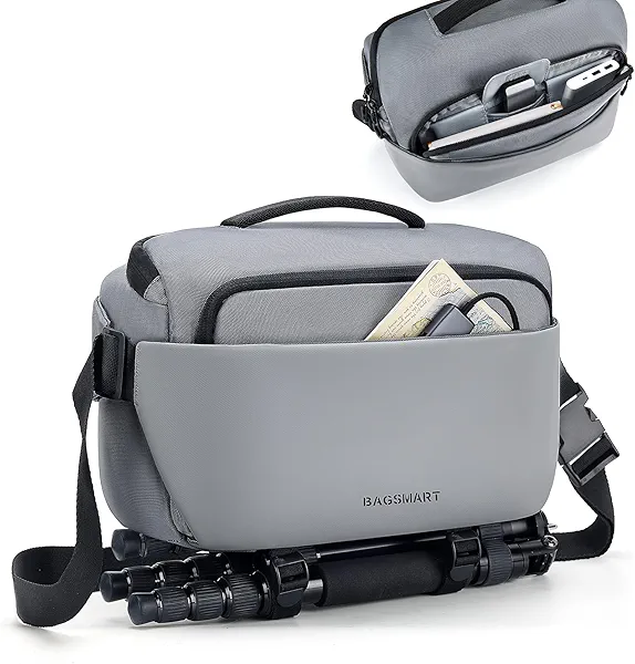 BAGSMART Camera Sling Bag, Small Camera Bags for Photographers with Tripod Holder, Waterproof DSLR/SLR/Mirrorless Camera Bags Crossbody with Rain Cover, Compatible with Canon Sony Nikon, Gra