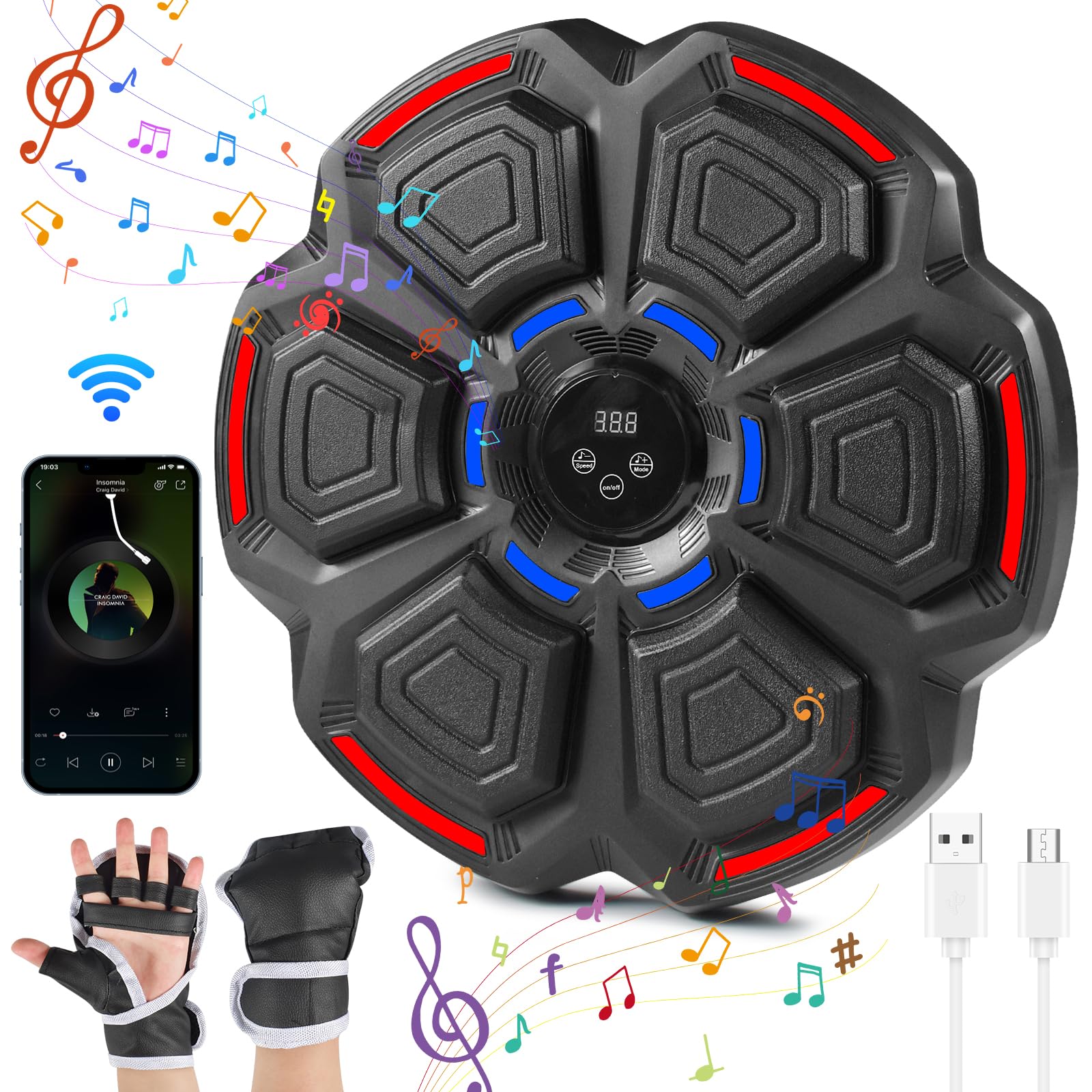 Music Box Machine Salto Boxer Musicale A Parete Con Guanti Boxe Macchina Elettronica Boxe Musicale LED Parete Smart Boxing Target Attrezzature,Supporta Bluetooth,9 Modalità per Bambini Adulti