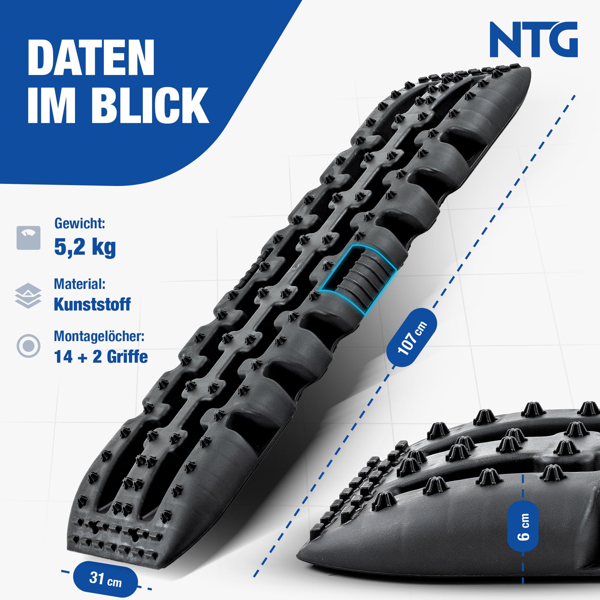 NTG Ensemble de plaques de sable (2 pièces) – Planches de sable robustes pour tout-terrain & aide au démarrage – Capacité de charge de 10 tonnes par paire, 107 x 31 x 6 cm, Noir – Idéal pour 4x4, SUV