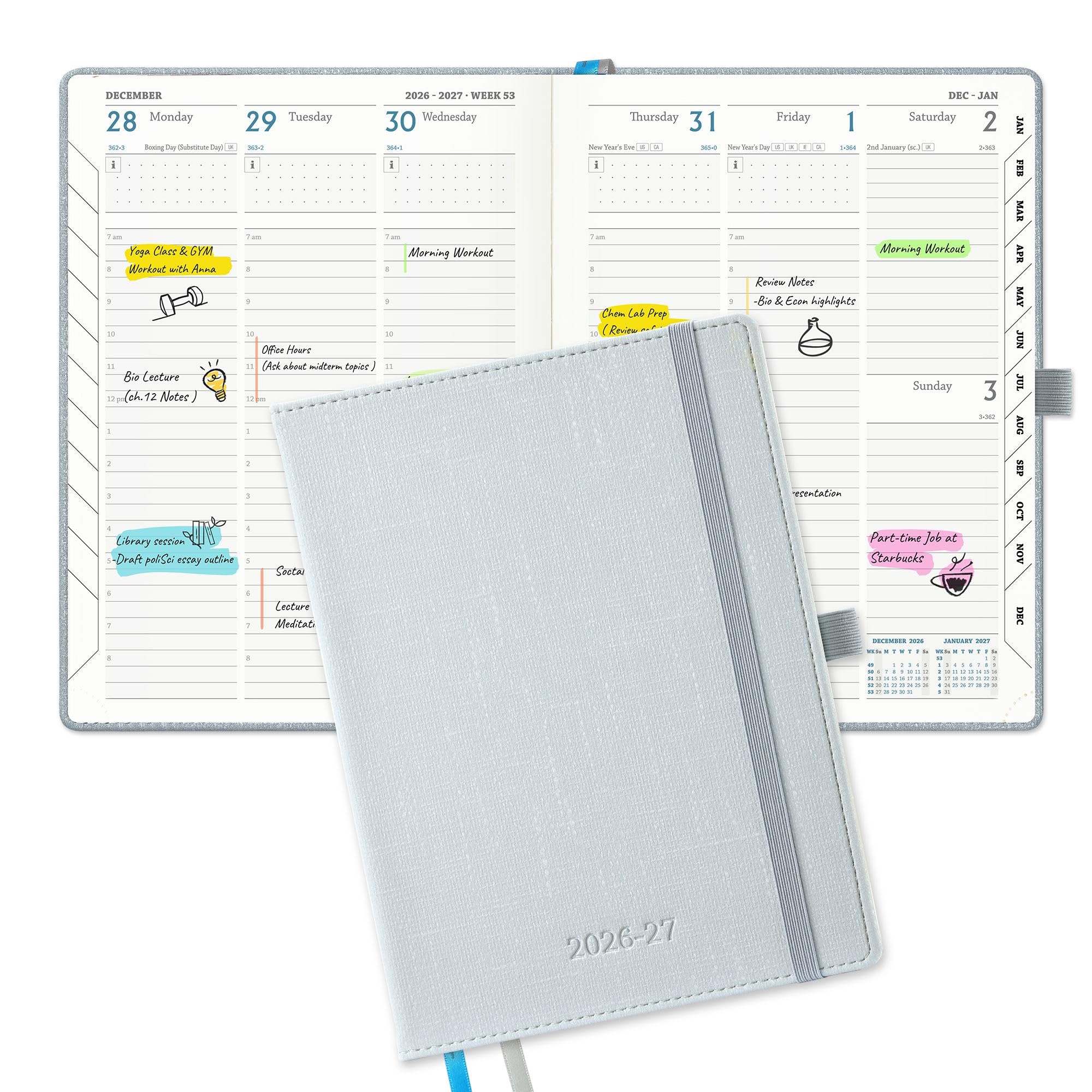 IN-LUXPRO Academic Diary 2026-2027: Luxury A5 Week to View (21.9x16.2cm)18 Months (Jul'26 - Dec'27) Mid Year Diary 26/27 Vertical Weekly Planner with Timeslots & Month Tabs, PU Leather Pale Ice Blue
