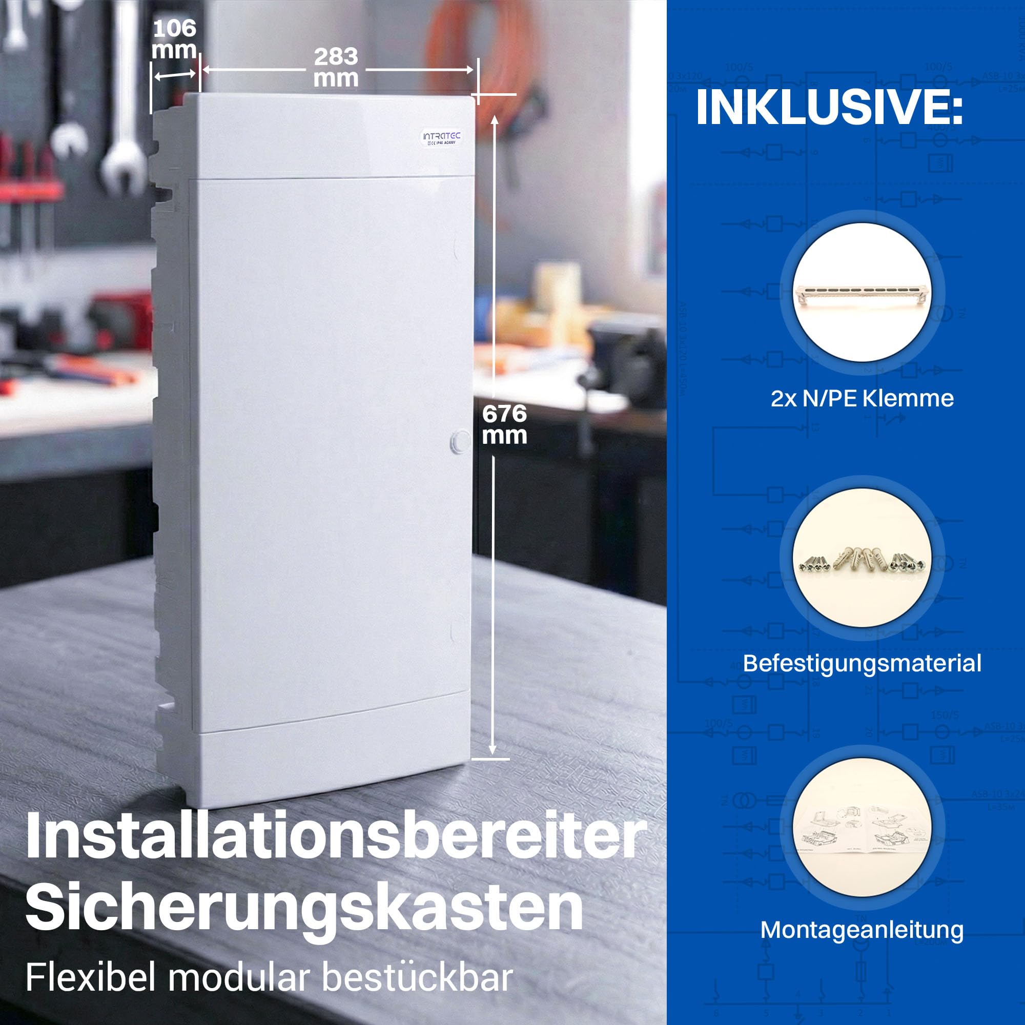 Intratec Sicherungskasten Unterputz 4 reihig – Unterputz Verteilerkasten IP40 für 48 Module mit weißer Tür und Hutschiene für einfache Elektroinstallation Zuhause & Gewerbe – 676 x 283 x 106mm