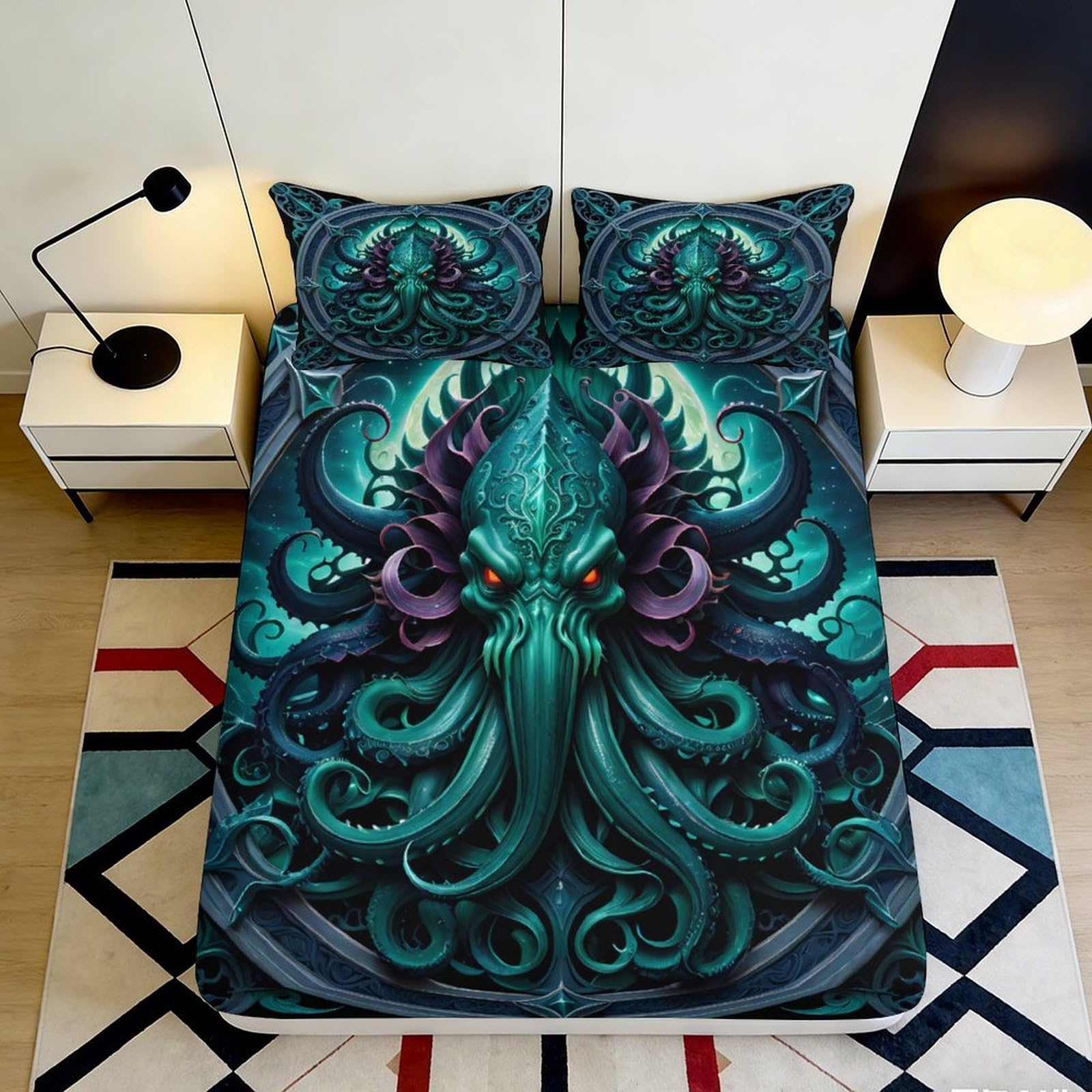 3D Printed Cthulhu Octopus Fitted Sheet Microfiber Soft Breathable Tentacle Bed Cover for Bedroom Dorm Decor 90x200x25cm