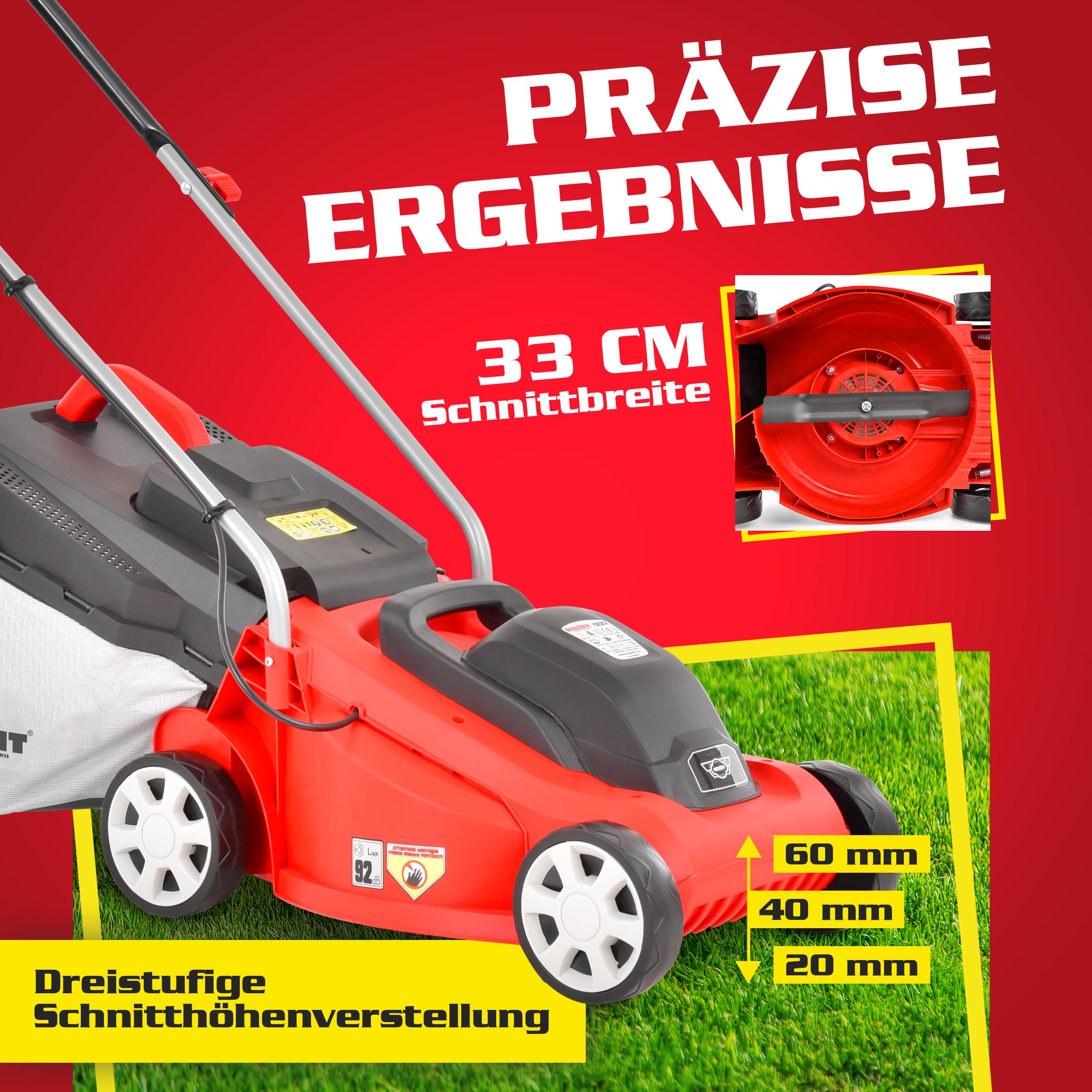 HECHT Elektro Rasenmäher 2in1 1300 W 33 cm 30 L Fangkorb | Radschnitthöheneinstellung 20-60 mm, kompakter Rasenmäher für Garten, Vorgarten und regelmäßige Rasenpflege
