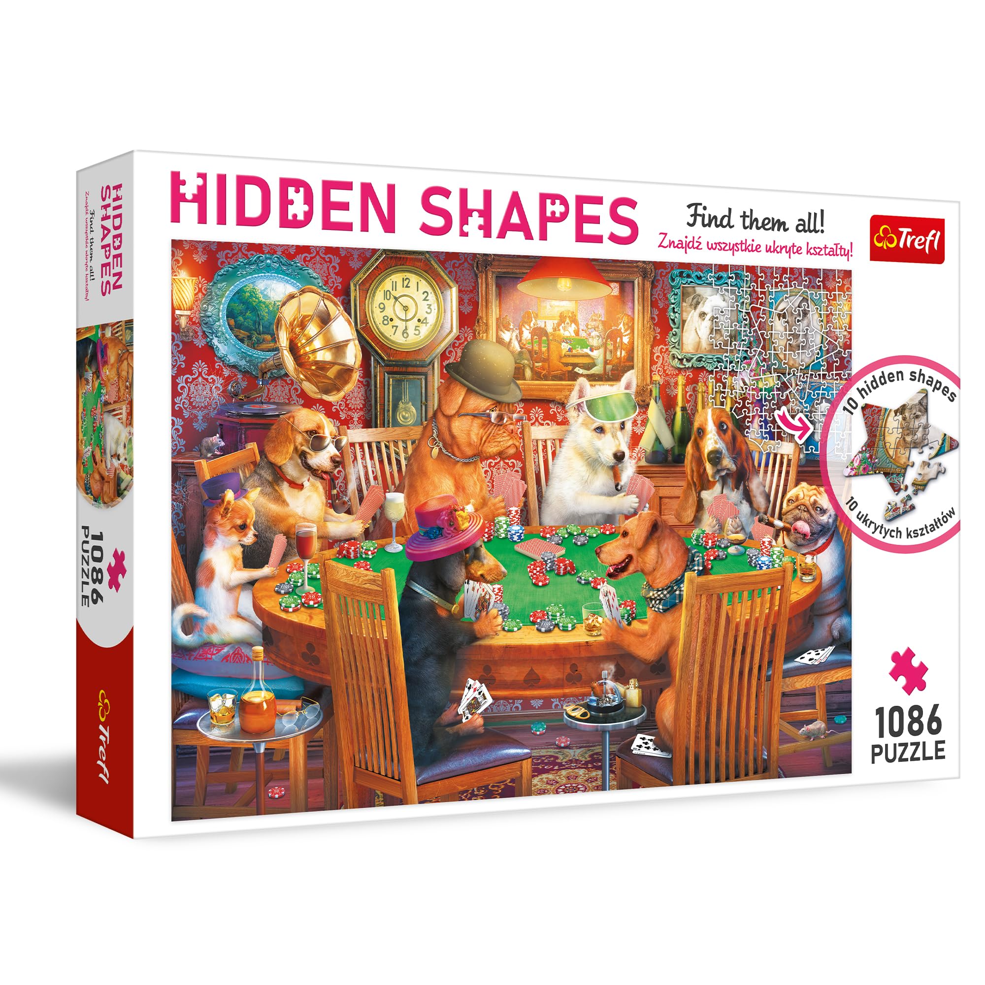 Trefl - Puzzle Hidden Shapes: Game Night 1000 + 86 Elements-Find Hidden Shapes Puzzles for Dog Lovers, Fun for Adults and Children 12 Years and Up