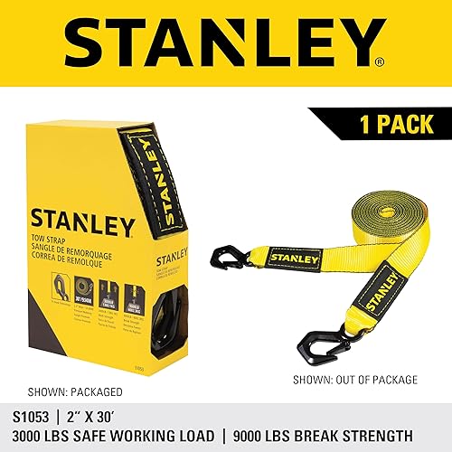 Miniatura 7 de STANLEY S1053 Correa de remolque resistente de 2 pulgadas x 30 pies con ganchos de acero forjado negro, carga de trabajo segura de 3,000