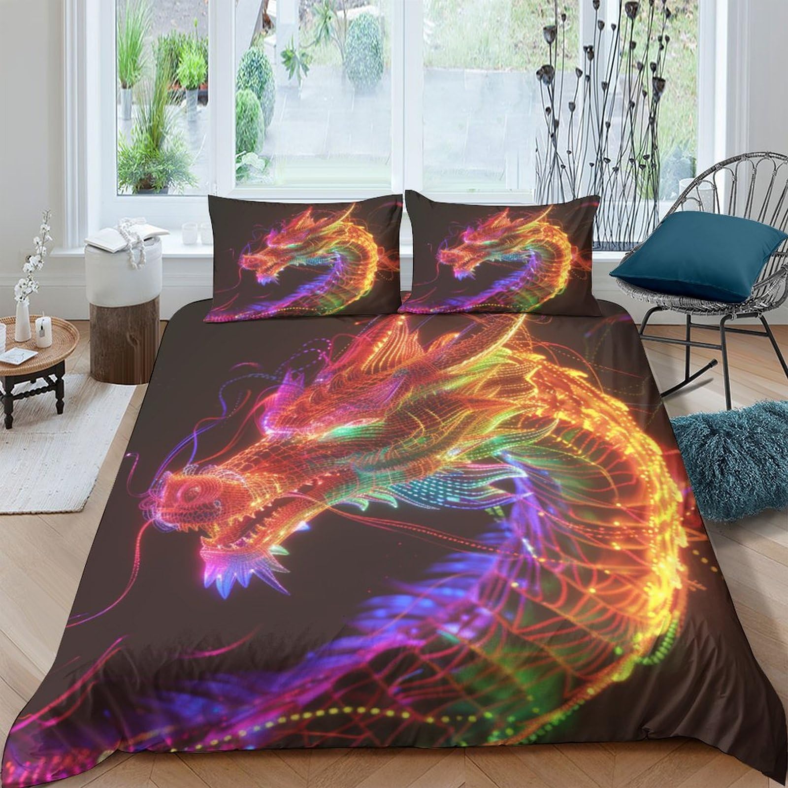 Stampato in 3D Loong cinese Copertina Stampata Microfibra Disegnata Biancheria Da Letto Con Chiusura A Cerniera Con 2 Federe,Double（200x200cm）, Per Ragazzi Adulti