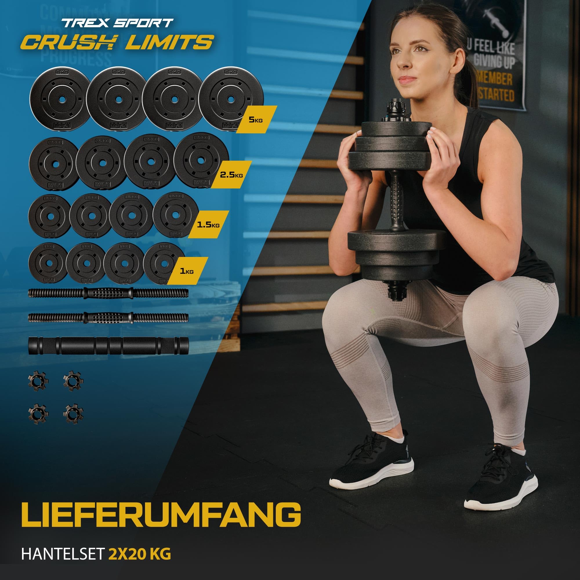 TREX SPORT Hanteln 2er Set Kurzhanteln & Langhantel | 20kg 40kg Hantelset | Kurzhanteln Set, Dumbbell Hanteln Set, Kurzhantel mit Verbindungsrohr & Langhantel, rutschfeste Griffe, robust