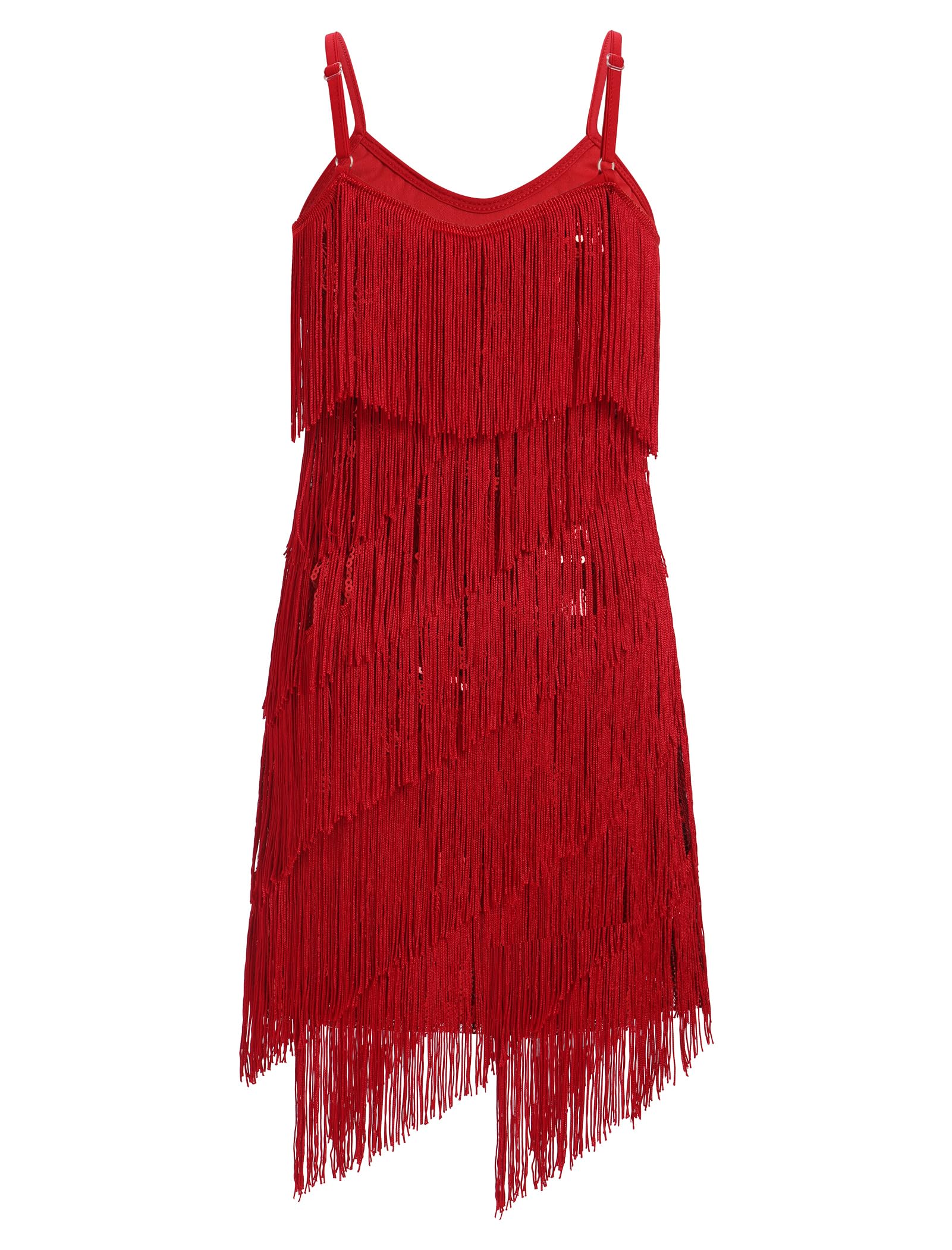 FYMNSI Robe de danse latine pour filles - Tenue de danse de salon - Col en V - Paillettes scintillantes - Pompons à franges