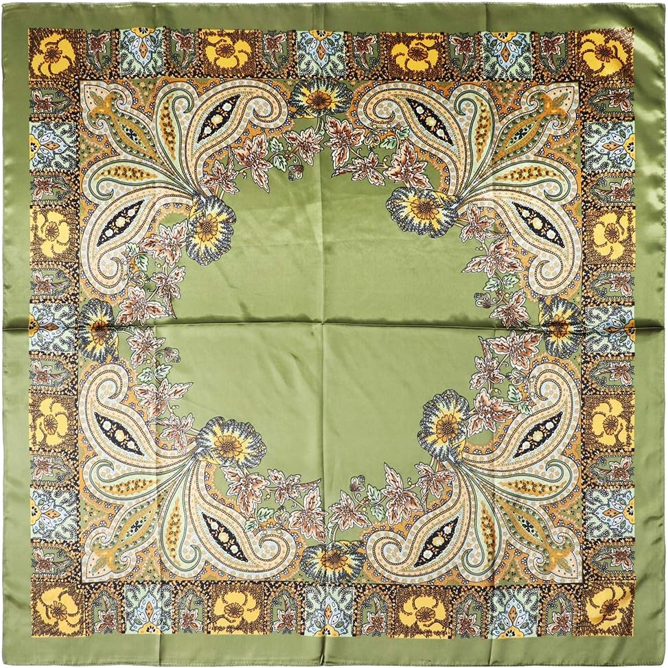 vabovin Silk Like Head Scarf, Women's 35'' Satin Large Square Hair Scarves and Wraps Headscarf for Sleeping 40- Olive Green Cashew