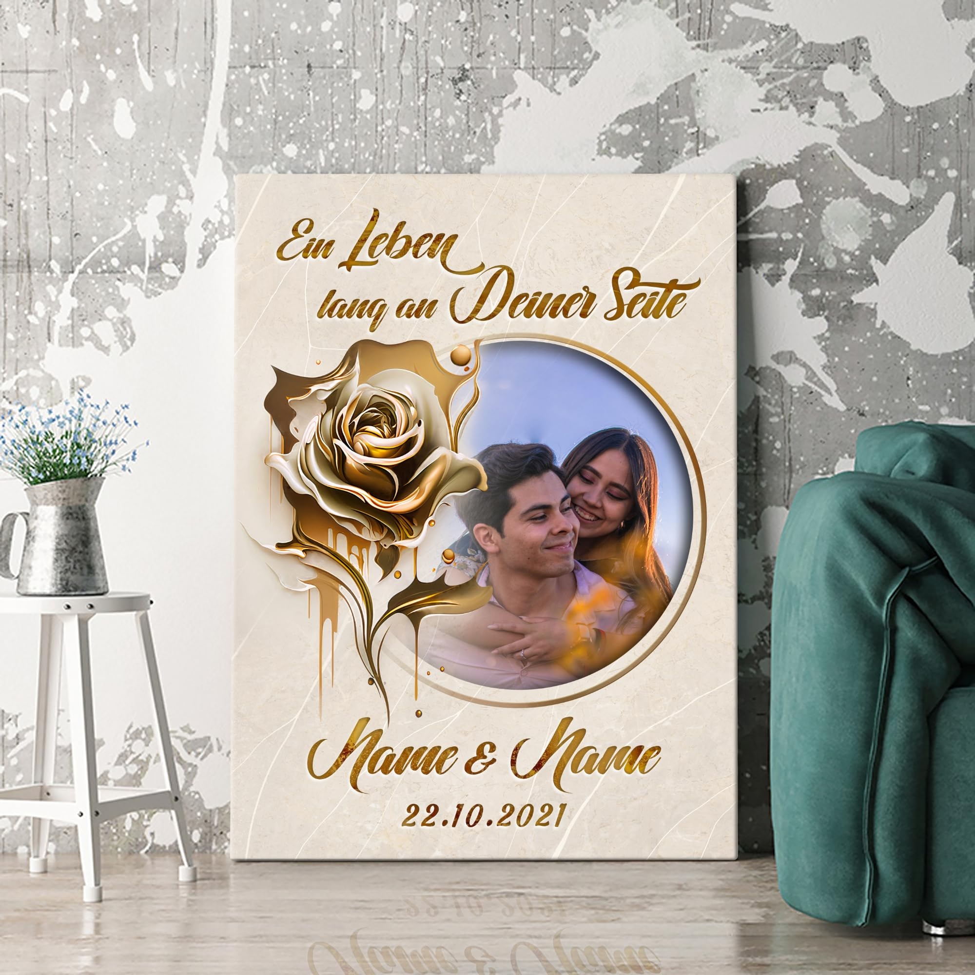 Liebesleinwand Personalisiertes Foto-Leinwandbild gestalten | Ewige Goldblüte | Geschenk zum Jahrestag, Hochzeitstag, Verlobung, Hochzeit | Leinwandbild gestalten mit Foto, Namen und Datum