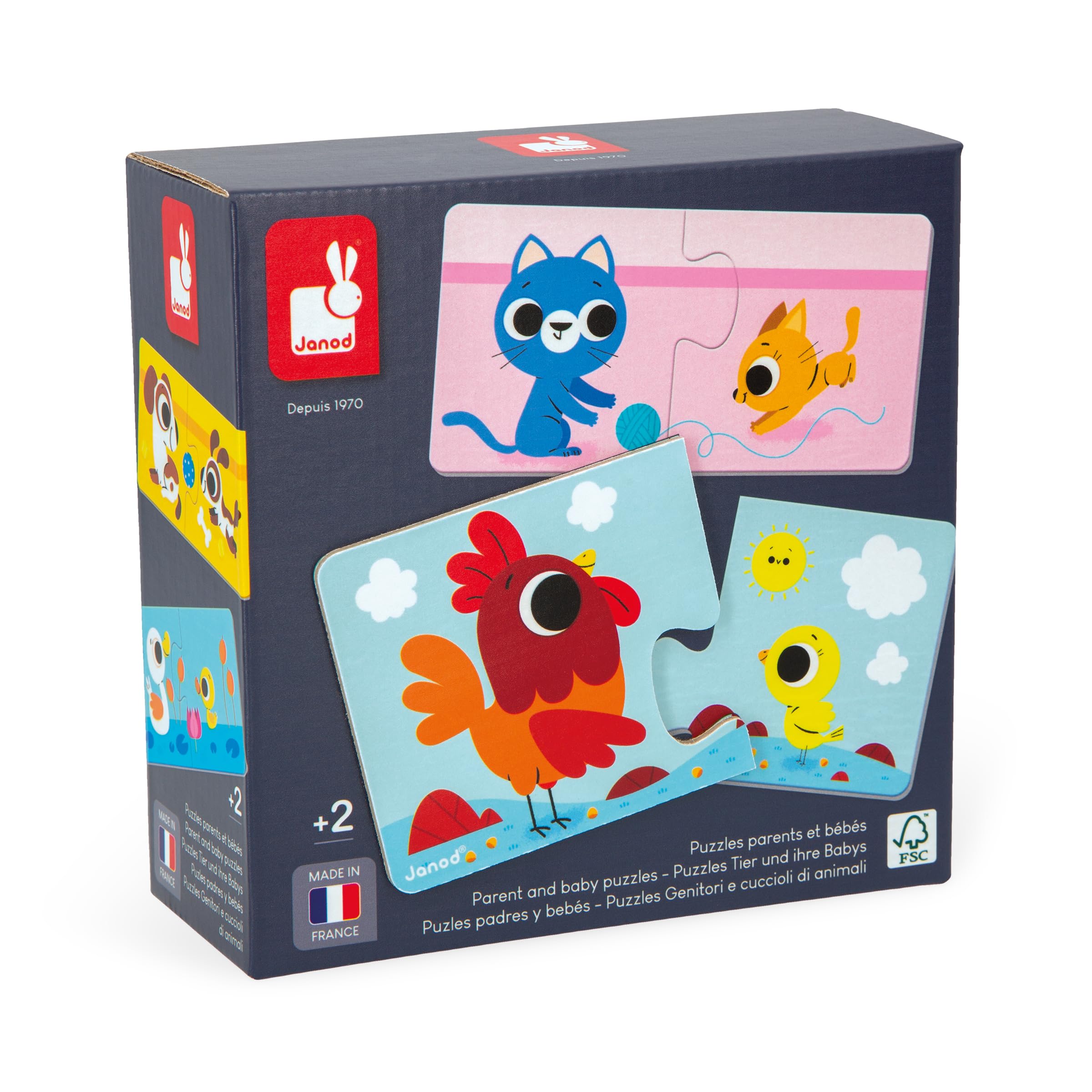 Janod - Parent and Baby Animals Puzzle - 12 Cardboard 2-Piece Puzzles - Educational Game - Fine Motor Skills and Concentration - FSC Product and Vegetable Inks - Made in France - Ages 2 + - J02637