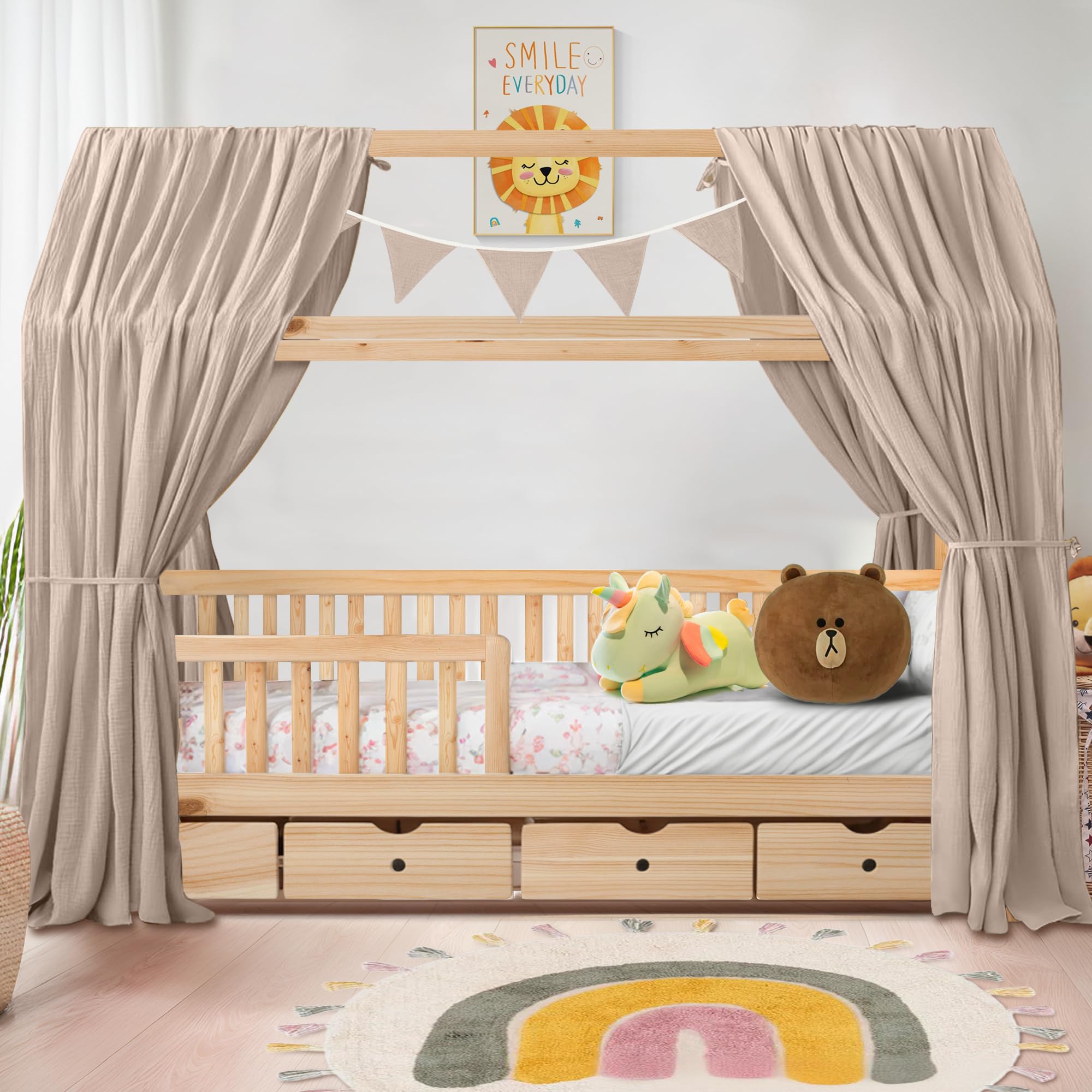 iLuane Hausbett Himmel aus 100% Baumwolle Musselin – Stoffhimmel Deko mit Schleifen – Betthimmel für Hausbett – Vorhang aus Musselin Stoff – Himmel Dekoration in 6 Farben & 4 Größen