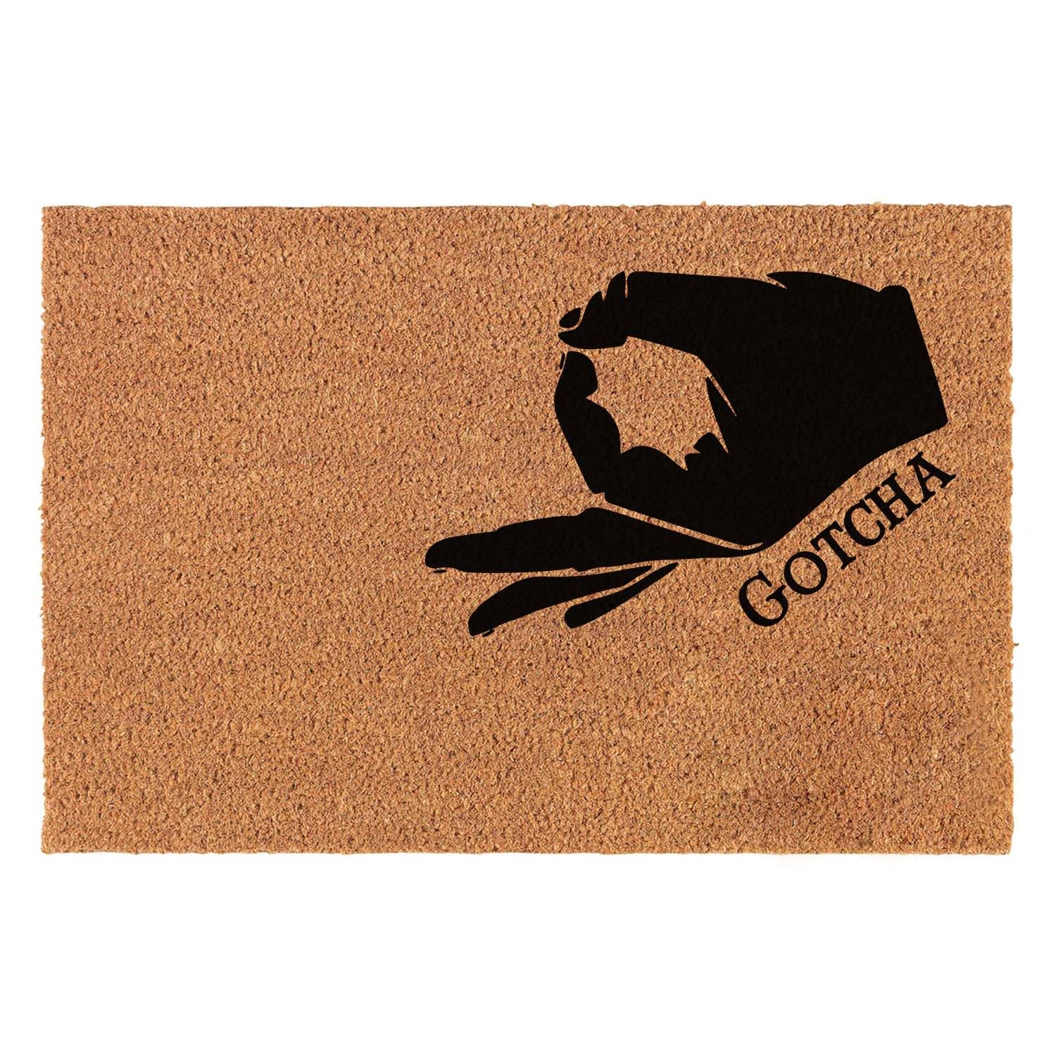Paillasson amusant en fibre de coco Game Okay Hand Gotcha Welcome Porche Decor Paillasson pour l'entrée personnalisé en PVC robuste antidérapant pour entrée extérieure 60 x 40 cm Cadeau de pendaison
