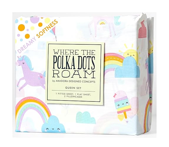 Where The Polka Dots Roam Rainbow and Unicorn 4 Pieces Queen Bed Sheet Set |Super Soft Premium Bedding for Kids Room Décor, Bedding Set for Girls, 1 Fitted Sheet, 1 Flat Sheet and 2 Pillowcase