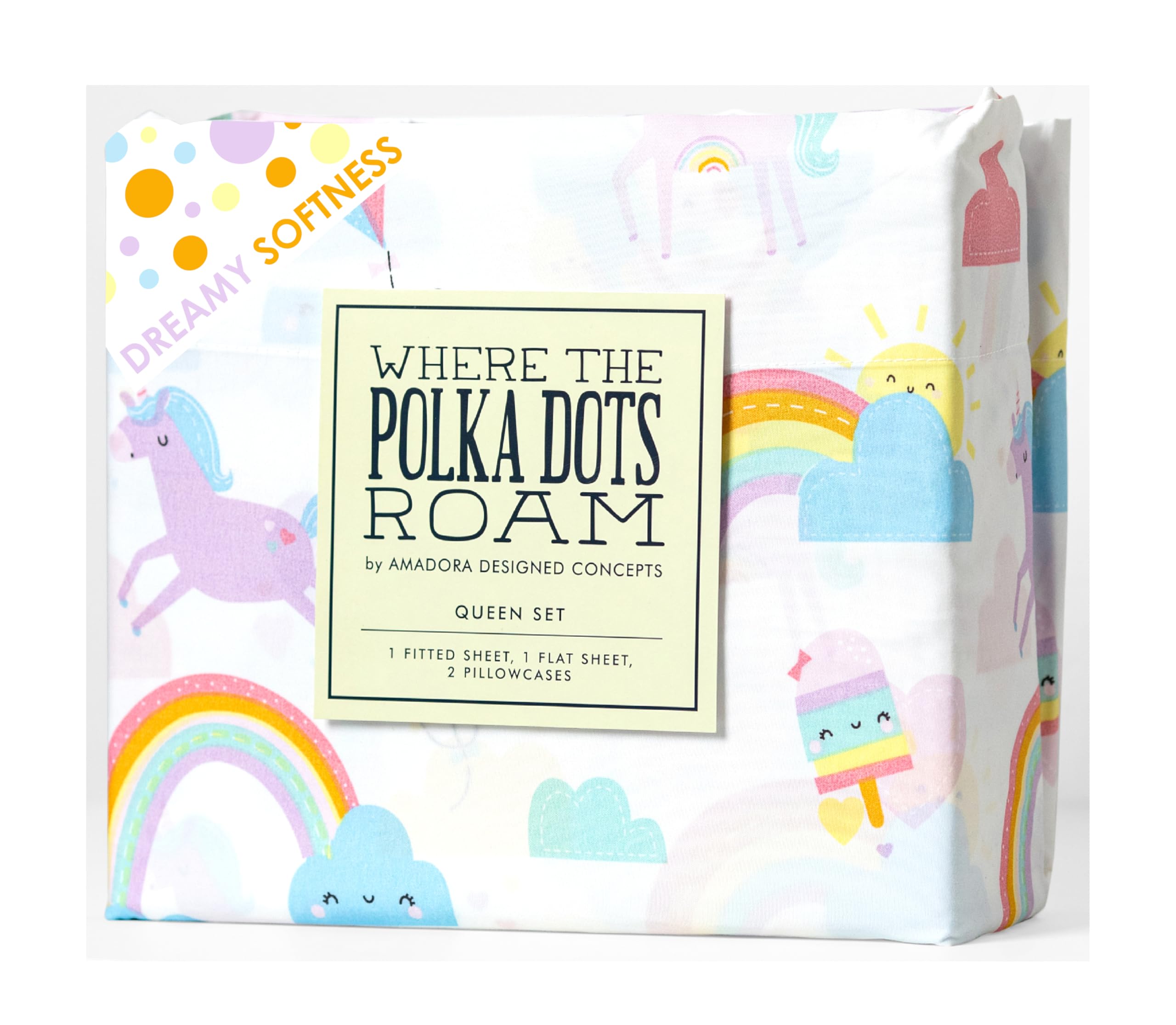 Where the Polka Dots RoamRainbow and Unicorn 4 Pieces Queen Bed Sheet Set |Super Soft Premium Bedding for Kids Room Décor, Bedding Set for Girls, 1 Fitted Sheet, 1 Flat Sheet and 2 Pillowcase