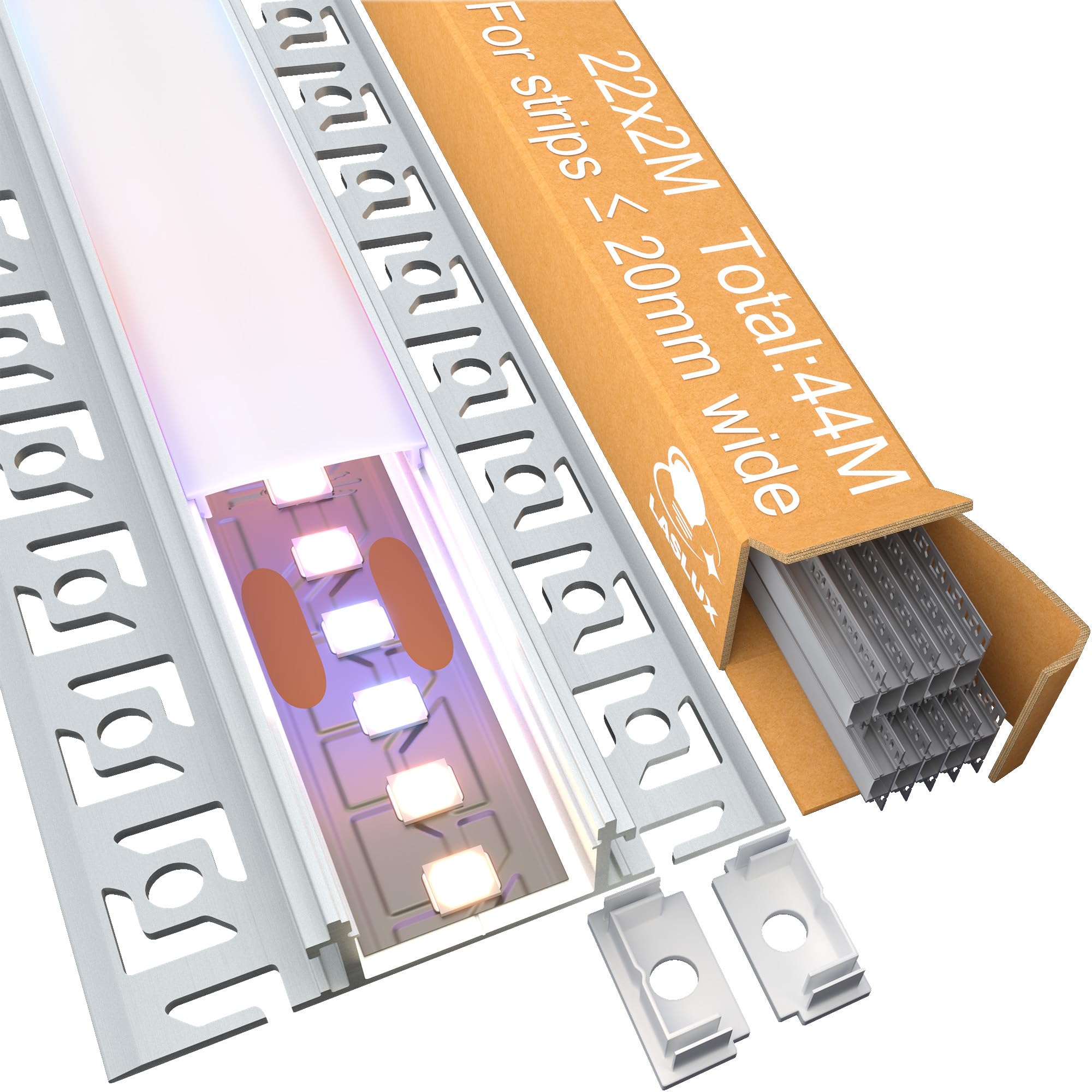 22x Profilo Alluminio per Strisce LED Cartongesso 2M (44mt) - Canalina per Striscia LED con Copertura Opaca - Dimensioni 24.4 x 13.8mm - Compatibile con Strisce LED fino a 21mm