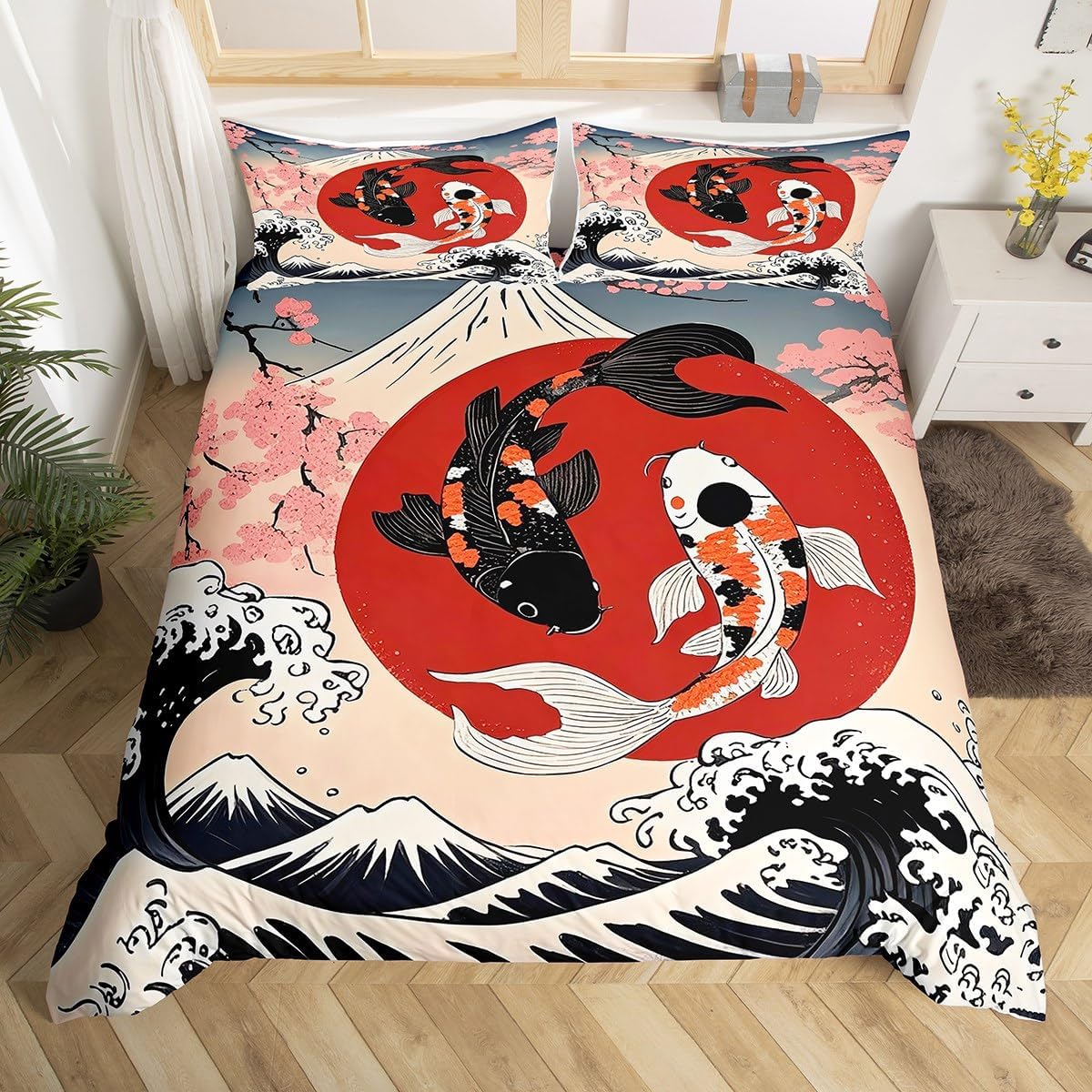 Feelyou Cherry Blossoms Bedding Set Chic Crane Duvet Cover for Kids Girls Women Ocean Wave Decor Comforter Cover Pink Japanese Ukiyoe Theme Bedspread Cover with 2 Pillowcases 3Pcs Bedding Full