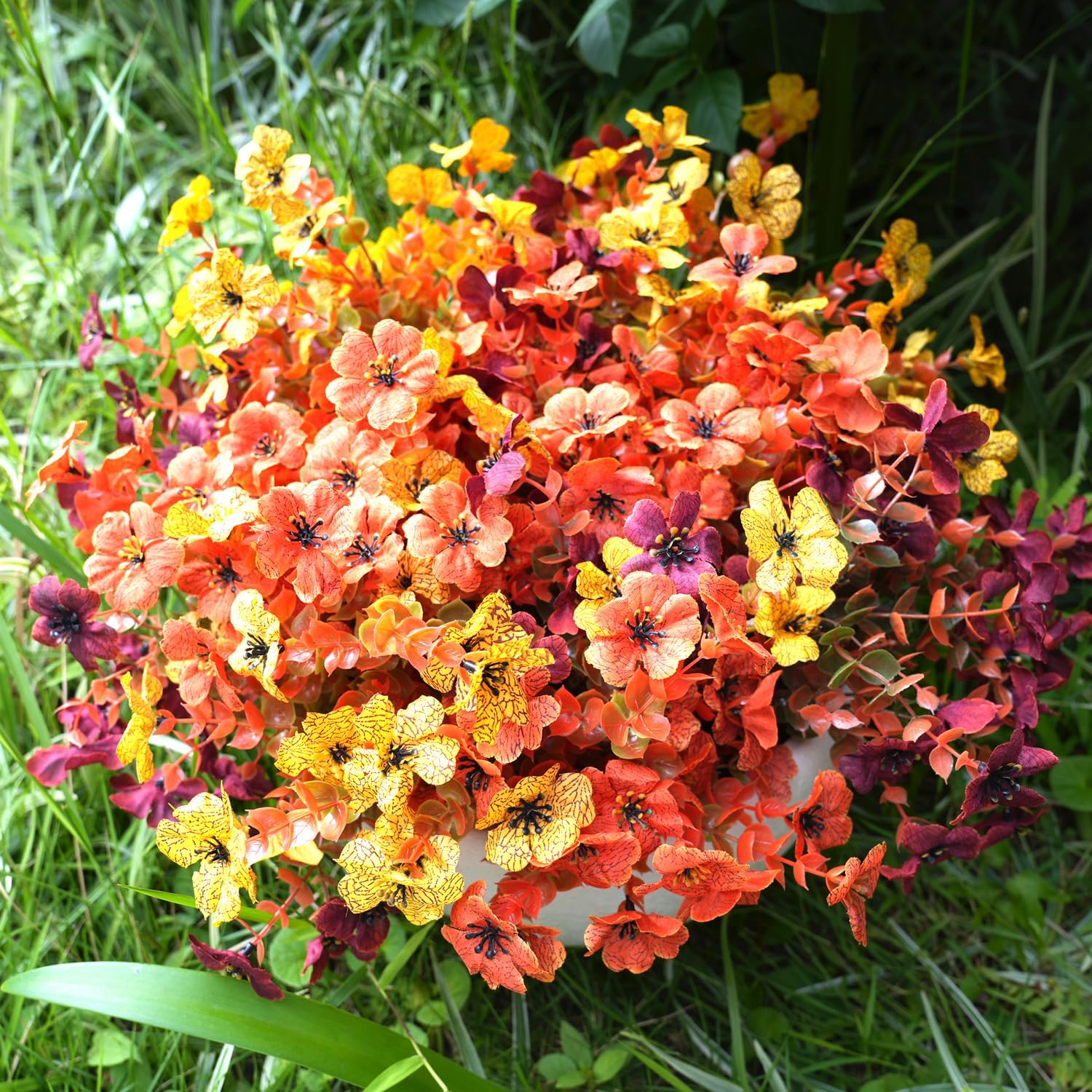 trytuny Artificial Flowers for Outdoor,14pcs Orange Autumn Artificial Flowers,Artificial Fall Flowers for Outdoors Fake Faux Plastic Plants for Home Garden Outside Porch Decor