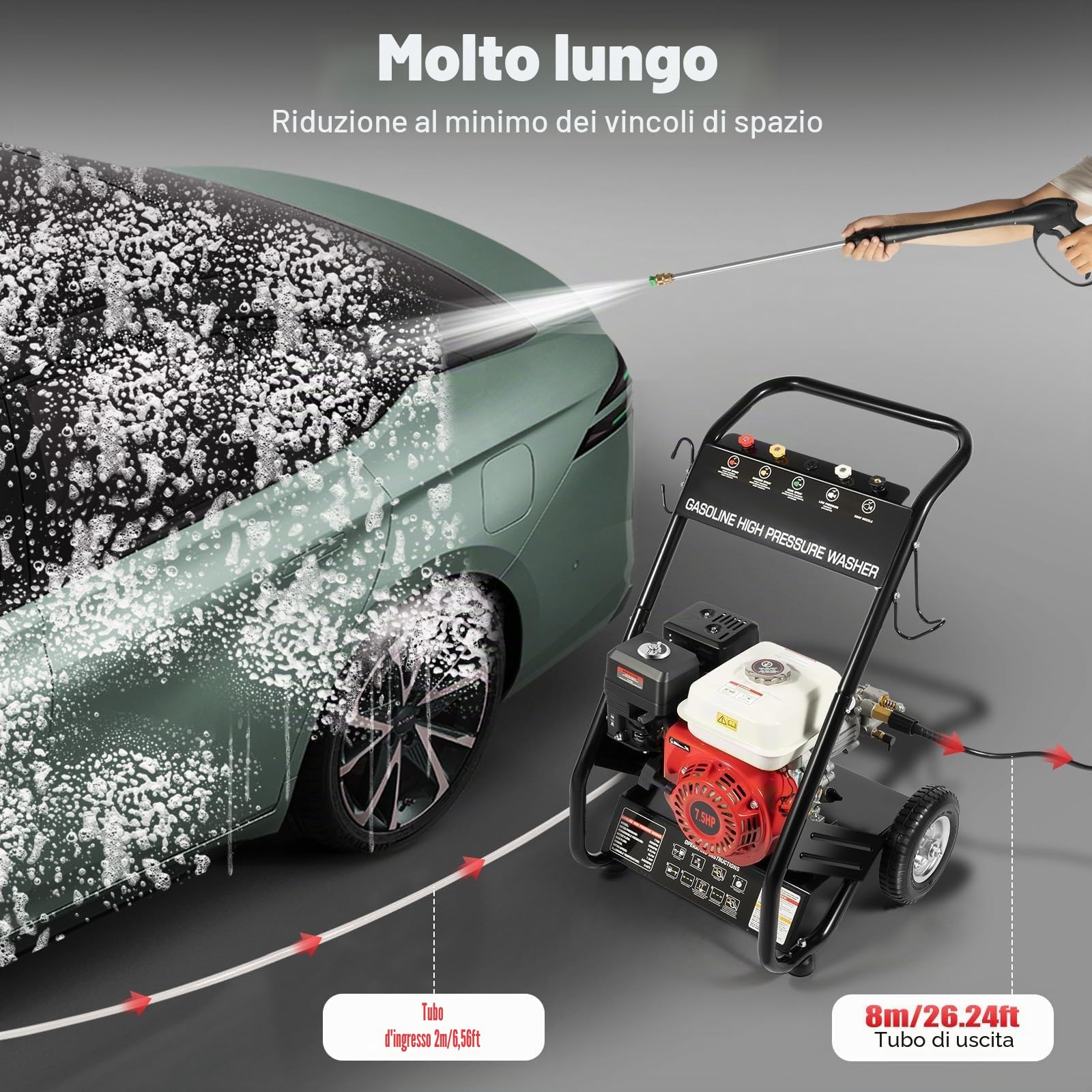 7.5HP Idropulitrice a Benzina 4 Tempi Monocilindrico Raffreddato ad Aria per Casa e Auto per Lievi Smaltimenti su Biciclette, Recinzioni da Giardino, Motociclette Con Pistola e Tubo ad Alta
