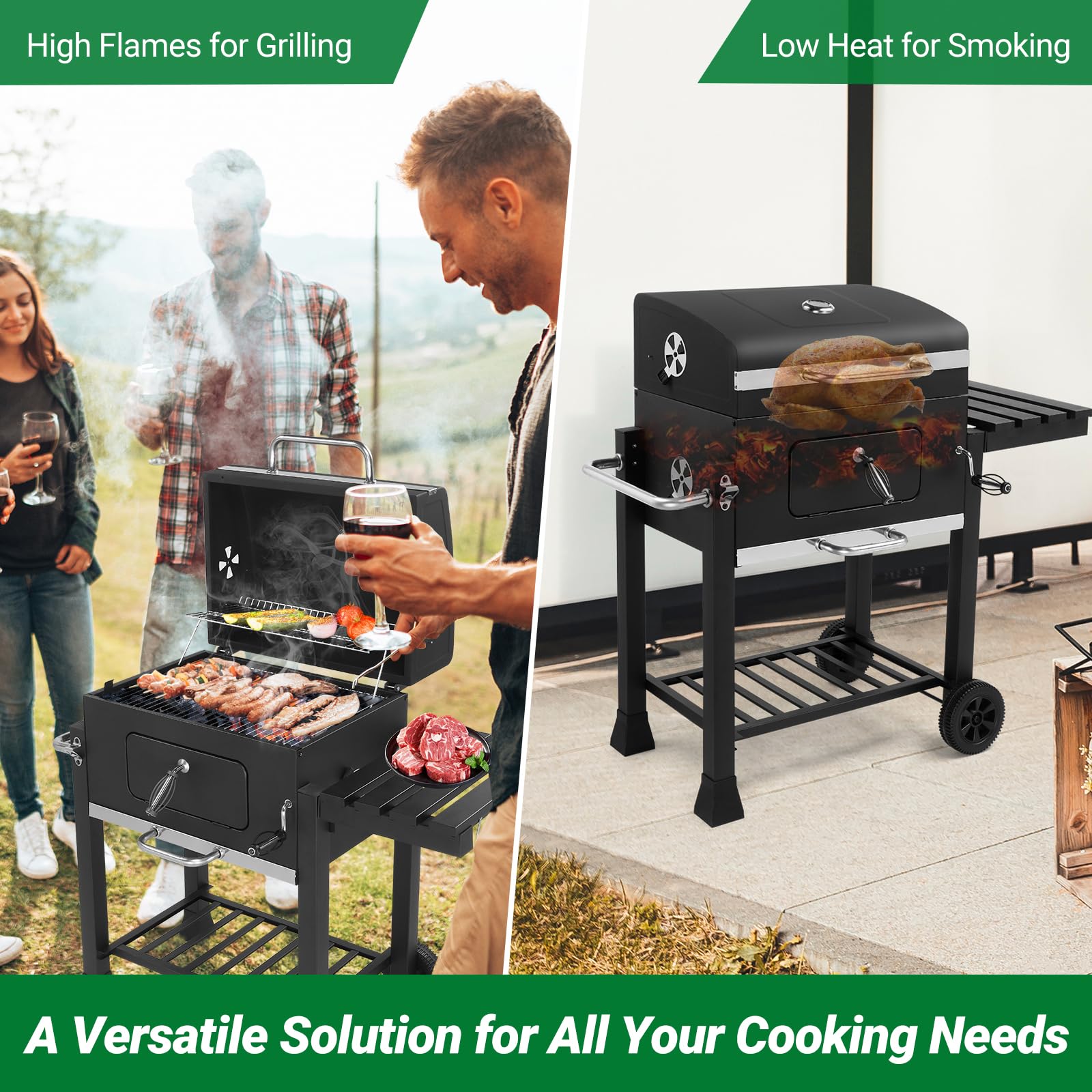 ROVSUN Parrilla de carbón con mesas auxiliares, gran área de cocción, bandejas de carbón de elevación individuales, bandeja de ceniza extraíble, parrilla de barbacoa para exteriores, picnic, patio