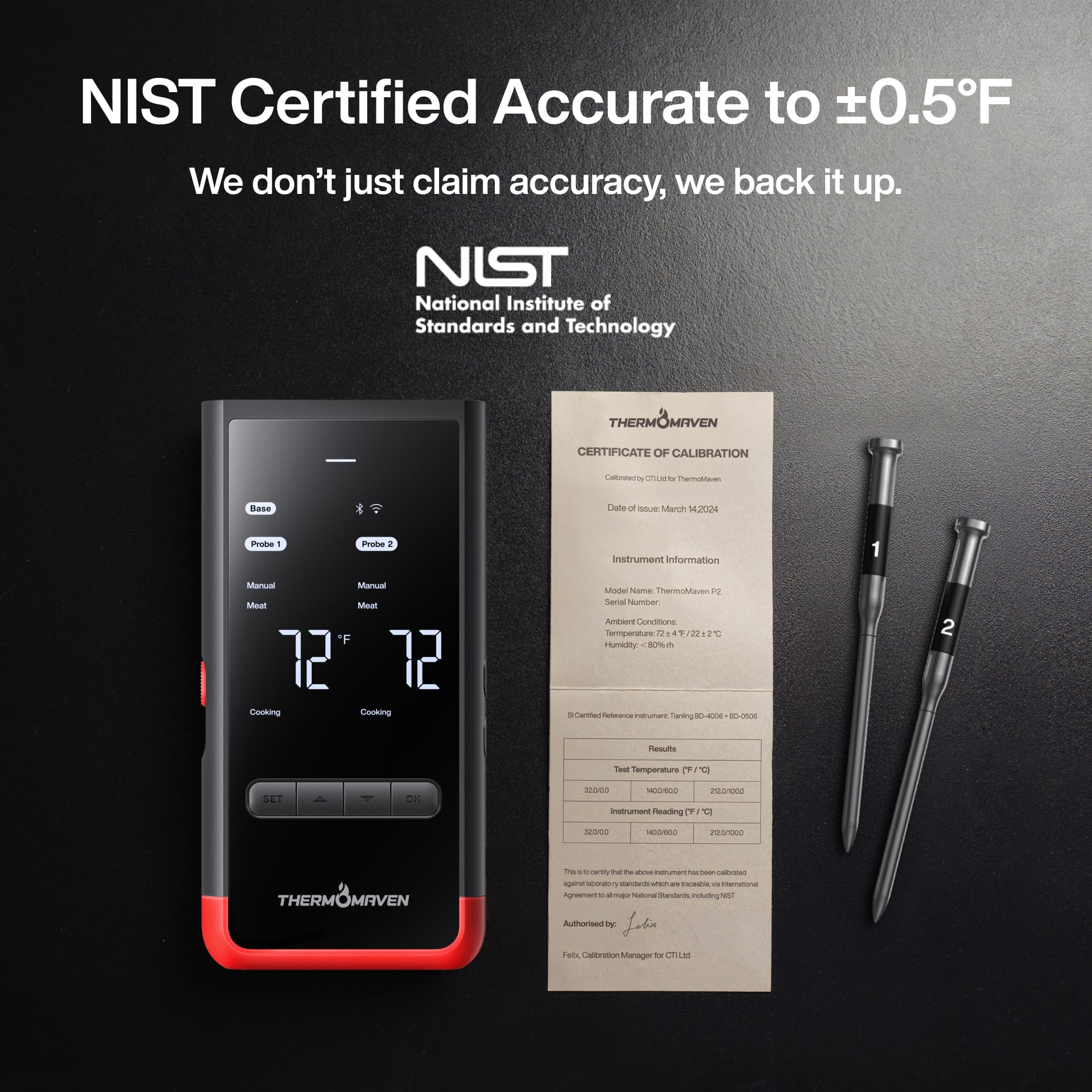 BBQOVN Thermomètre à viande sans fil WiFi Bluetooth à portée illimitée, vérifiez la température n'importe où, 7 capteurs certifiés NIST avec température ambiante, moniteur pour barbecue, grill, four