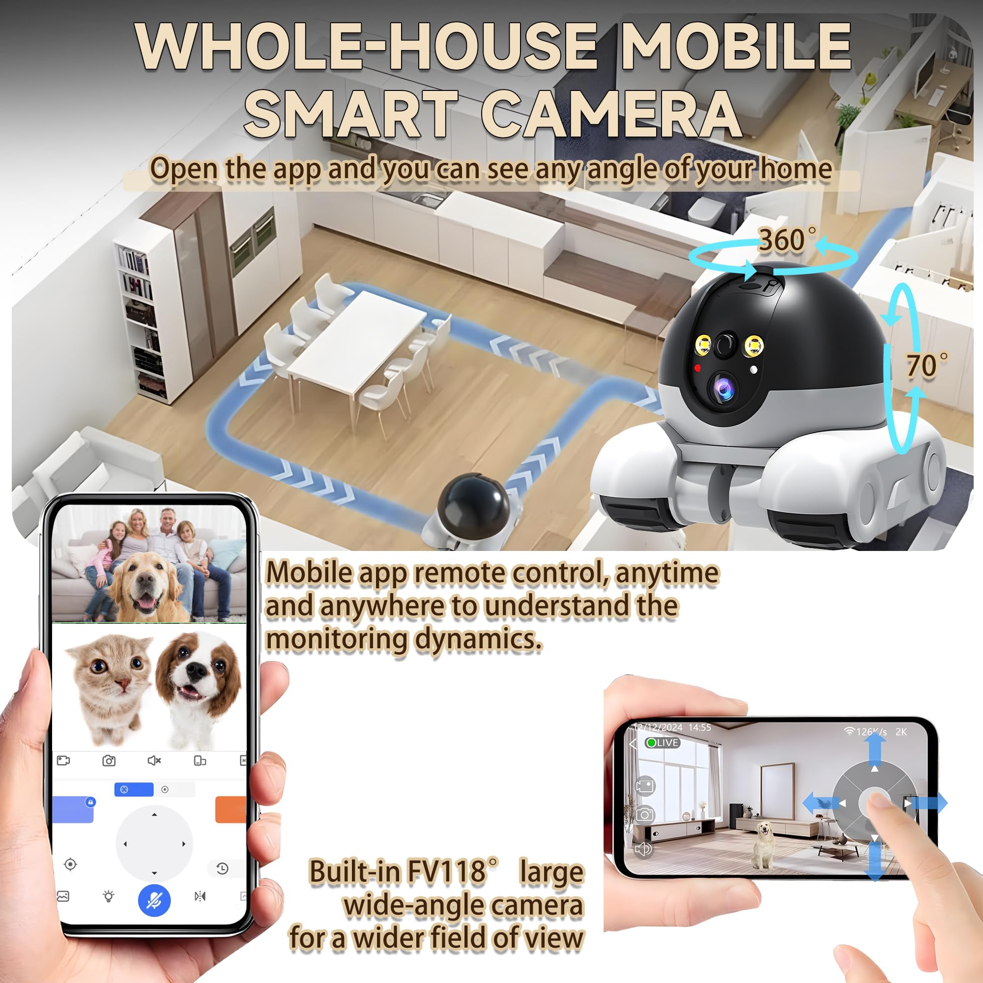 Pet Camera, 1080p Security Camera for Home, Movable Robot Pet Cam Indoor with Phone App, Wireless Dog/Cat/Baby Monitor WiFi Version+32G SD Card, 2-Way Talk, Night Vision, Motion Detection