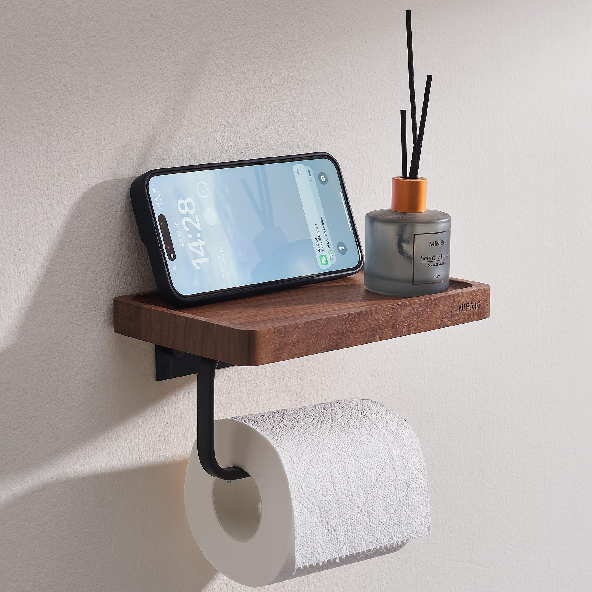 NIBNIE Walnut Wood Toilet Paper Holder with Phone Shelf, Adhesive or Drill Installation Bathroom Washroom Wall Mount Wooden Toilet Tissue Roll Holder with Shelf for Hold Wipes, Cell Phone (Concave)
