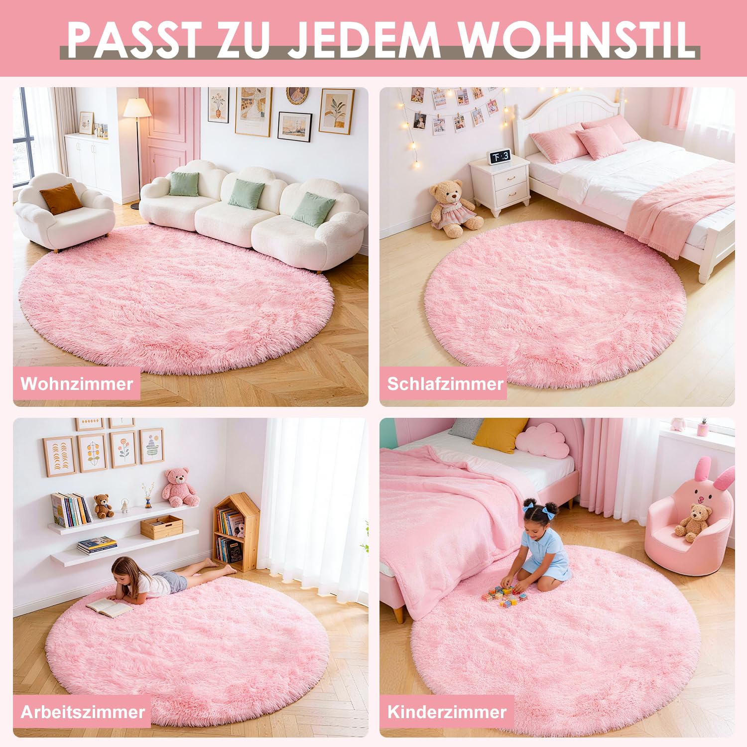 ORINOVA Tappeto Rotondo Rosa 150 cm Salotto Camera da Letto Morbido Tappeto Moderno Lavabile