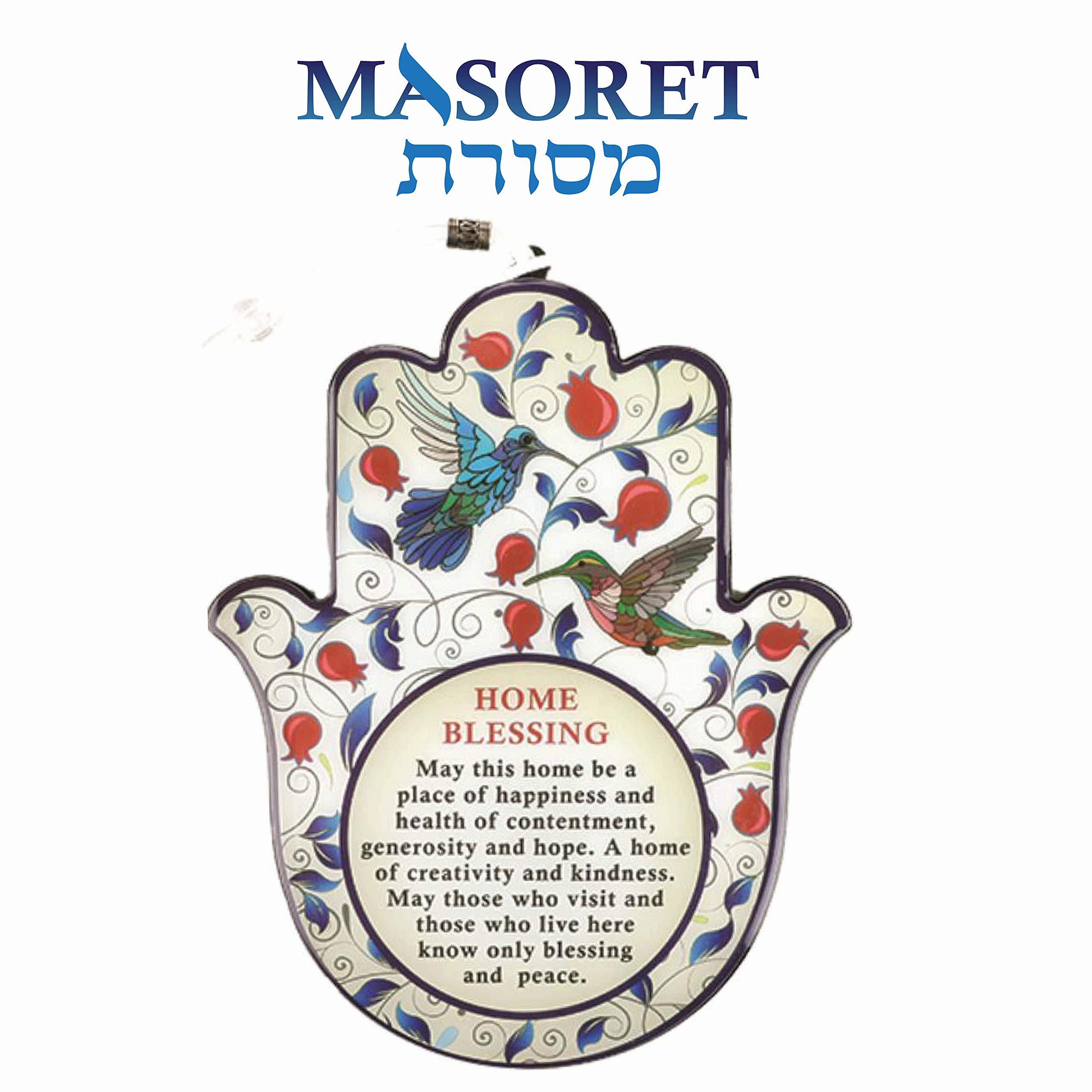 MASORET Zestaw: Epoksydowa Hamsa angielskie błogosławieństwo domowe 19 cm 15 cm - motyw czerwonych granatów