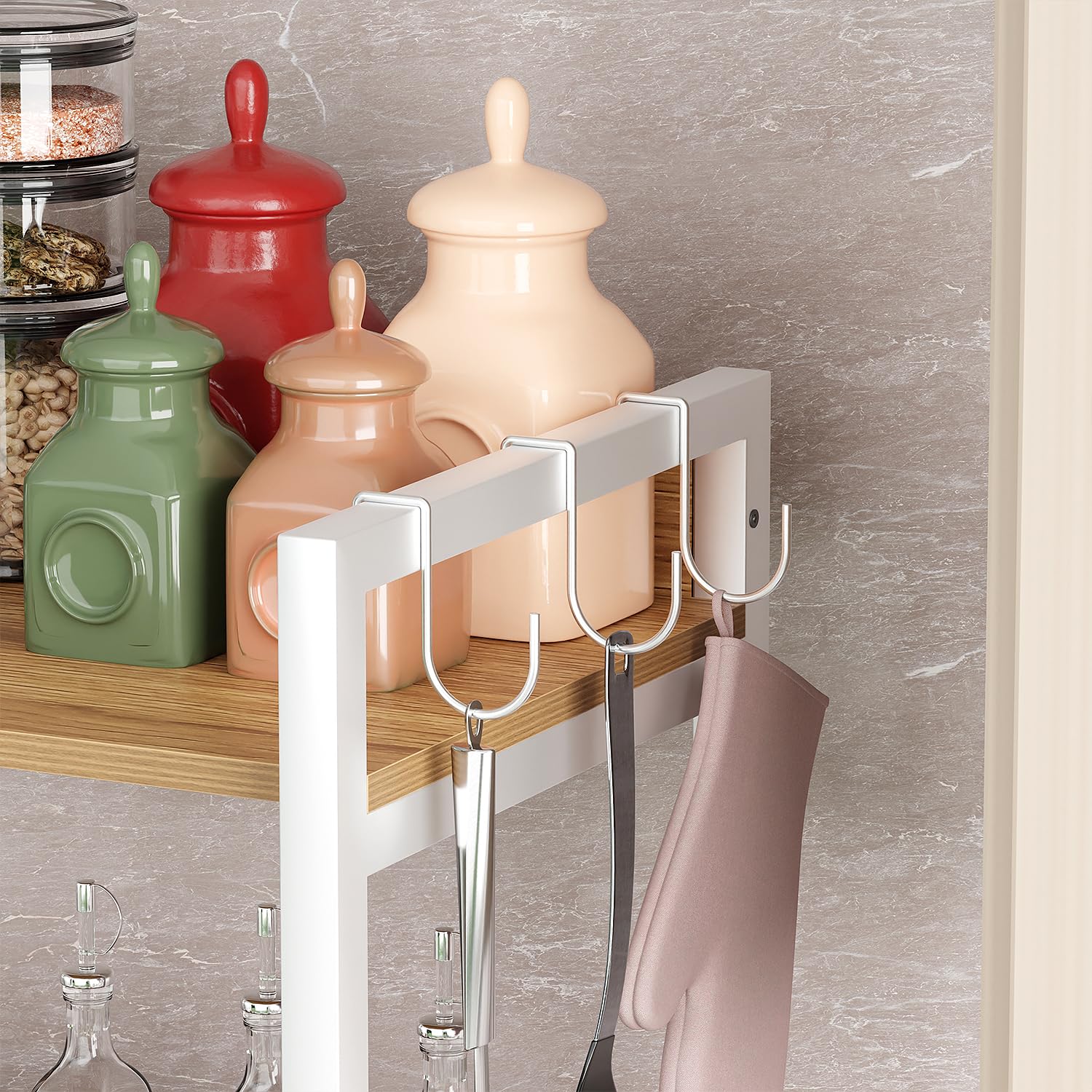 Lukzer | MKR-005 | White | 5-Layer Multipurpose Storage Rack – Heavy-Duty Metal & Wood Shelf Organizer with Hooks & Anti-Slip Footpads for Kitchen, Bedroom, Office & Bathroom | 166 x 60 x 39 cm - Image 7 thumbnail