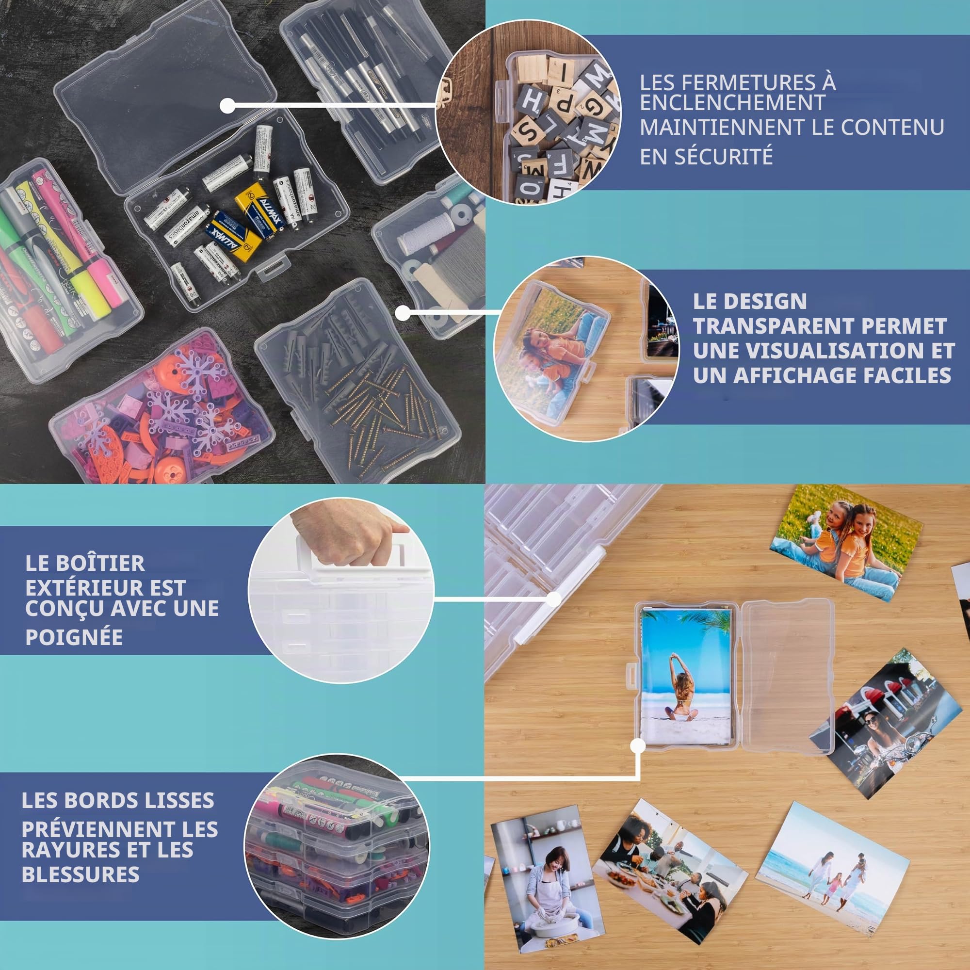 HEFTMAN Boîtes de Rangement pour Photos (4" x 6") | Boîte de Rangement Transparente avec 16 Étuis Intérieurs pour Photos - Peut Contenir 1600 Photos