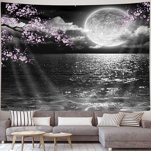 Miniatura 2 de JAWO Tapiz de luna y océano, tapiz de anime asiático genial para colgar en la pared, arte japonés con flores de cerezo, tapiz natural para