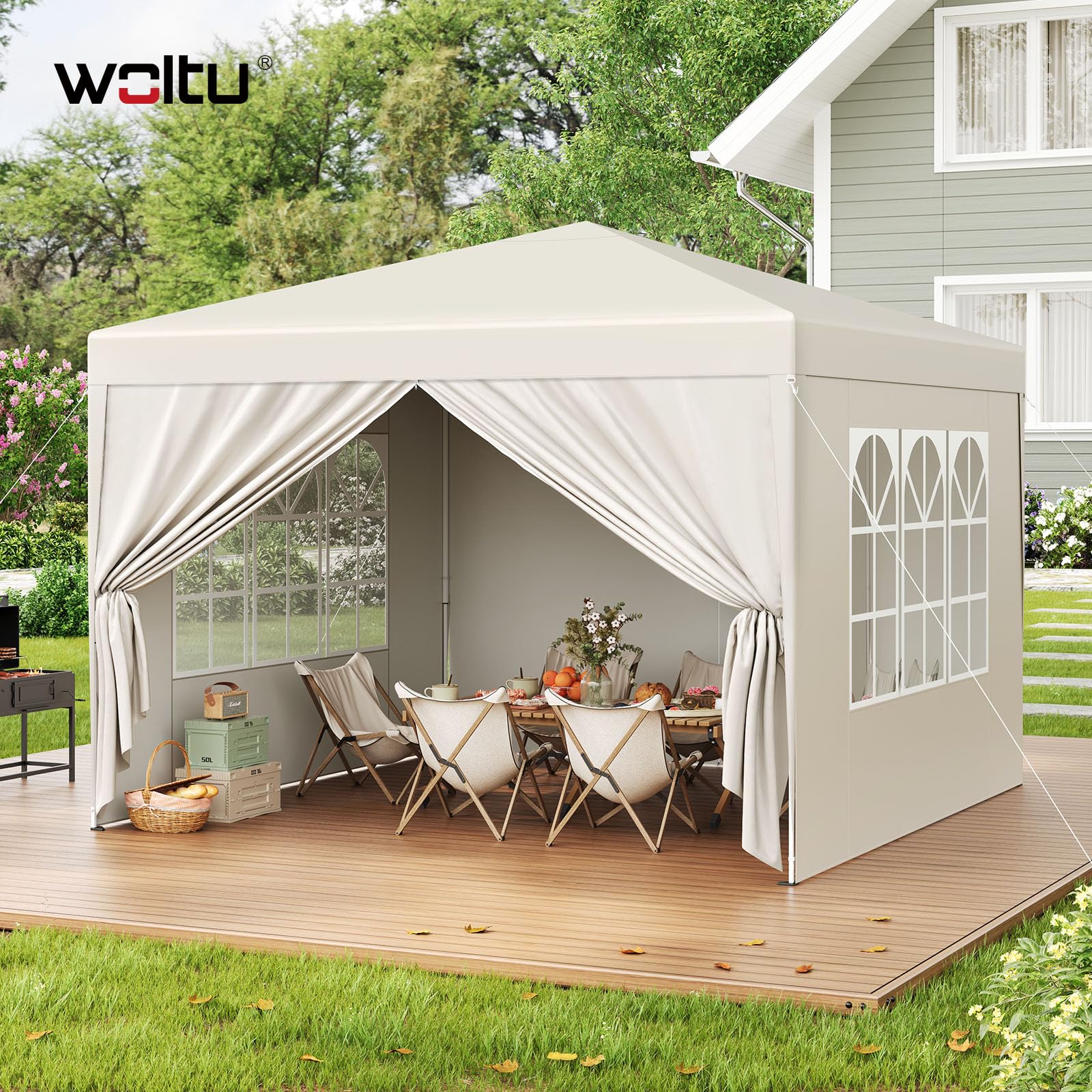 WOLTU Pabellón de Jardín Cenador Pérgola con Diseño Pop Up Carpa con Cubierta Tela Oxford Hecho de Tubos Metálicos, para Camping y Playa, Blanco, Beis