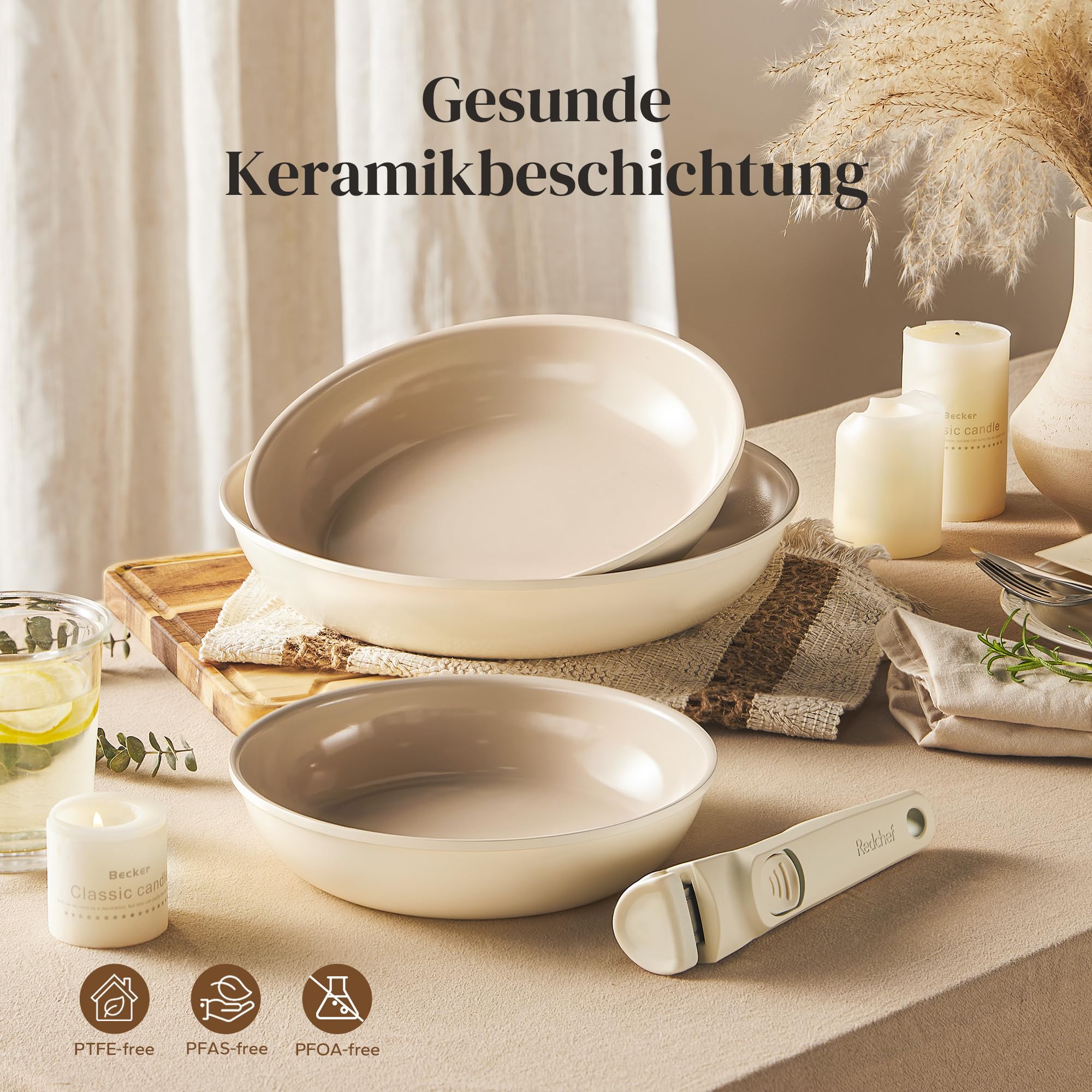 Redchef Lot de poêles céramique antiadhésives 20/24/28 cm induction compatible sans PTFE ni PFOA poignée amovible Beige