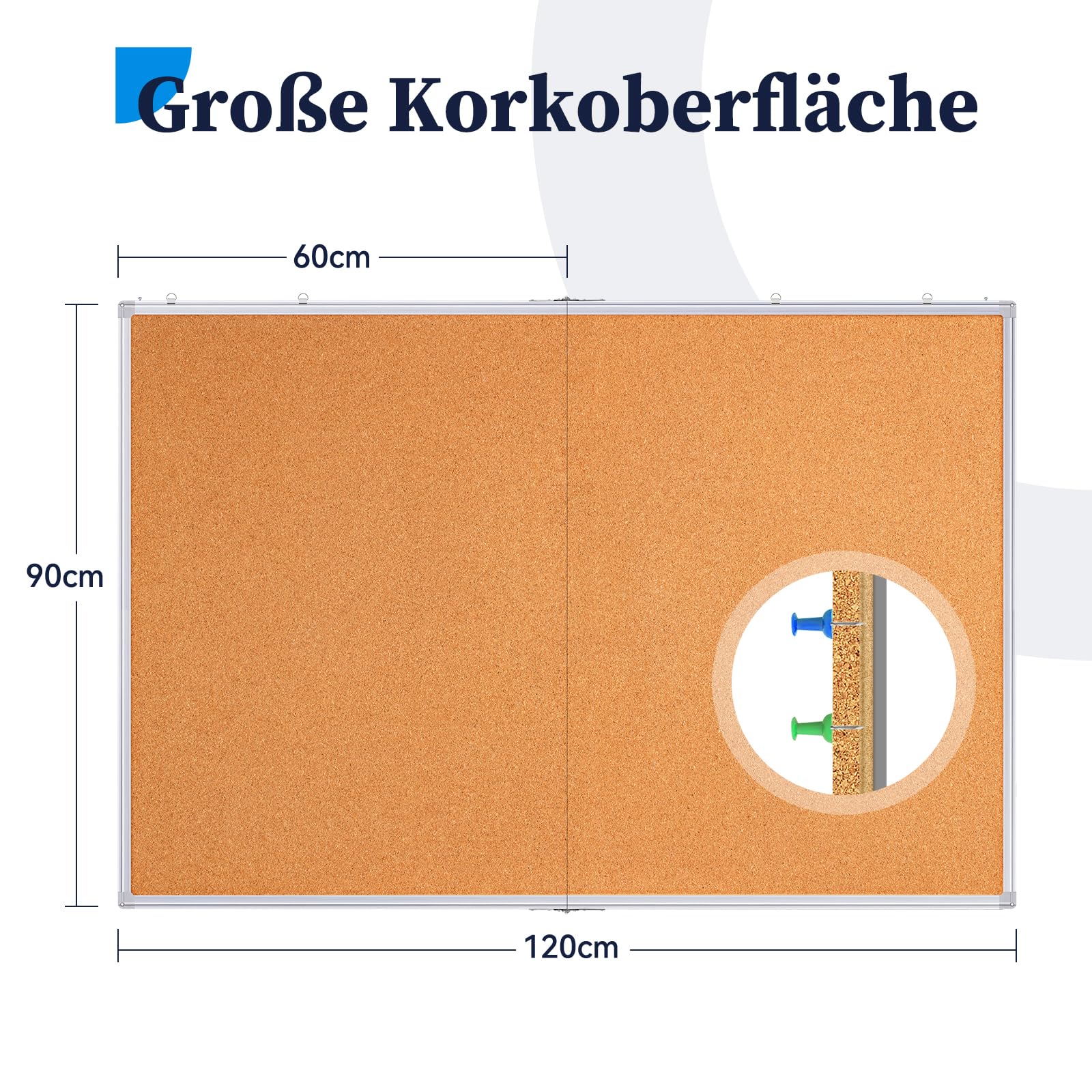 Maxtek Pinnwand Kork Groß 90 x 120 cm, Pinwand Korktafel mit Aluminiumrahmen, Cork Board inklusive 12 Reißzwecken, aus Selbstheilendem Natürlichen Kork und Einfach zu Montieren