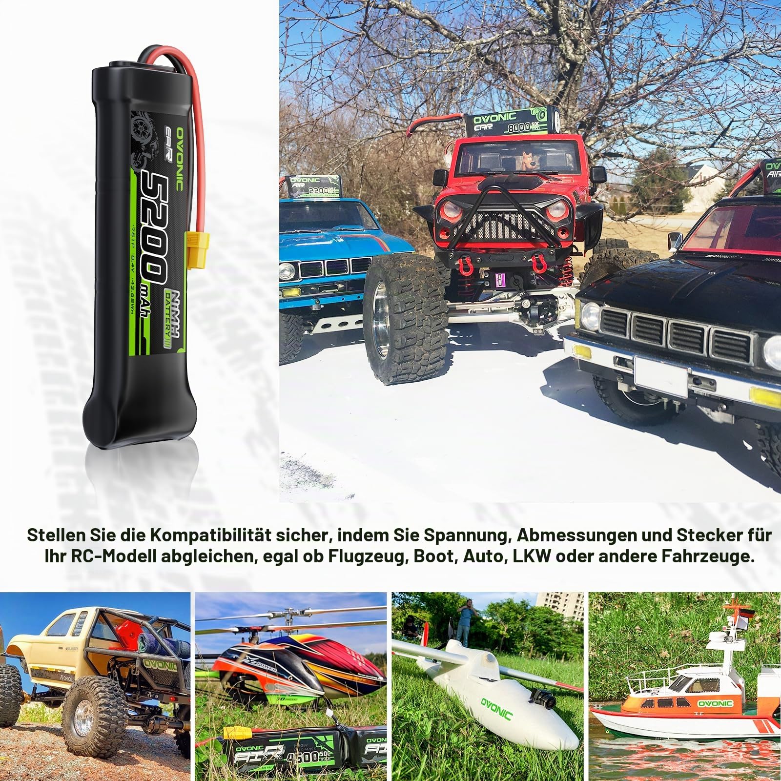 OVONIC 8,4 V NiMH RC Akku Flacher 5200mAh mit XT60- und TRA-Anschluss für RC Auto Truck Truggy（2packs