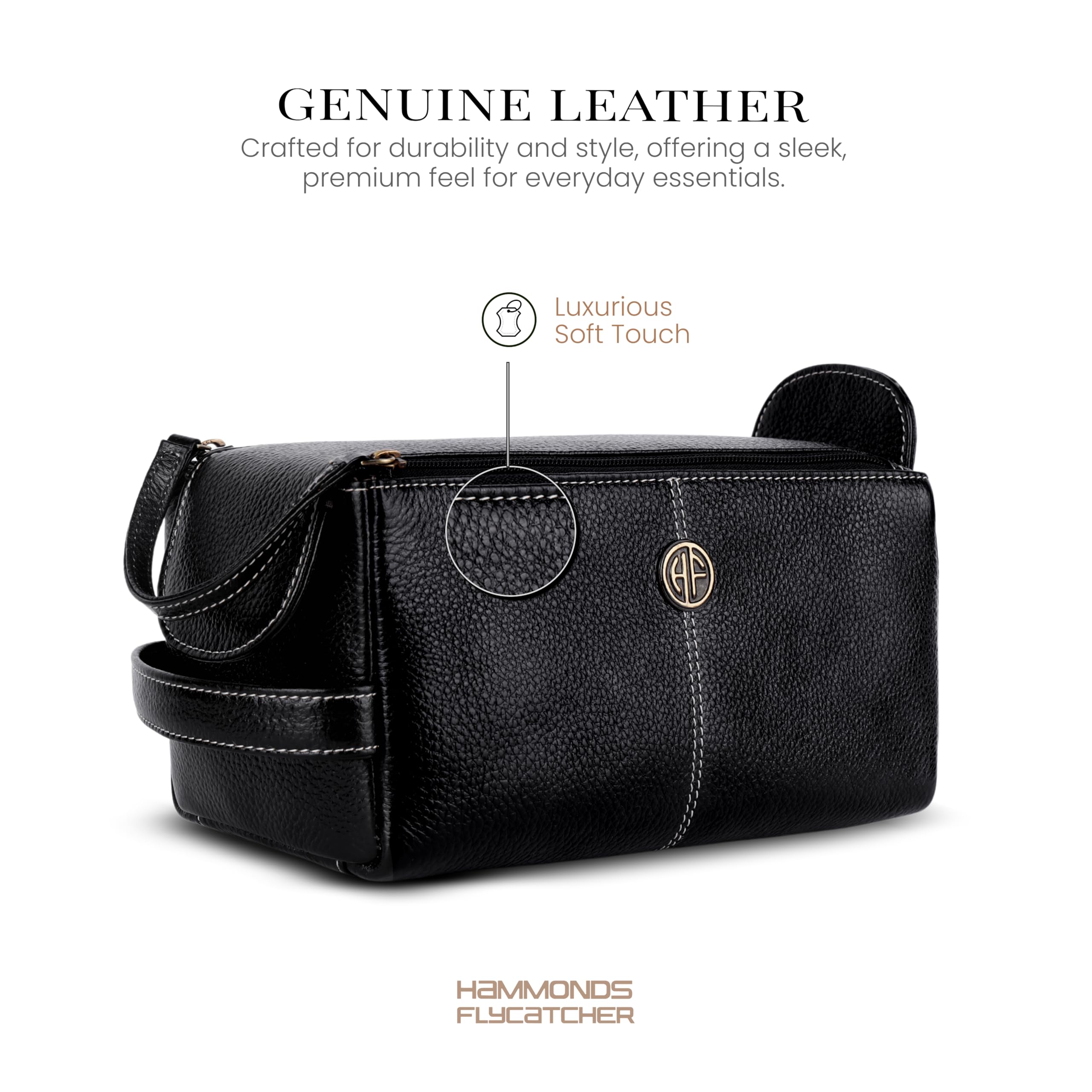 HAMMONDS FLYCATCHER Neceser de viaje unisex de piel auténtica para adultos, estuche de aseo de viaje, organizador de higiene y aseo, piel libre de crueldad animal y cosido a mano, color negro, Black
