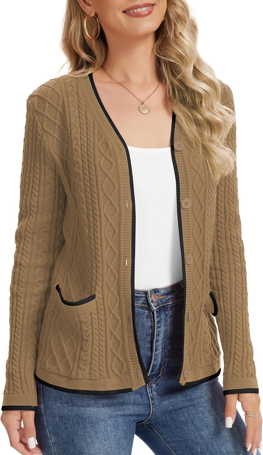 QUEZHU Women's Winter V-Neck Button Down Cardigan Knit Soft Sweater with Pockets