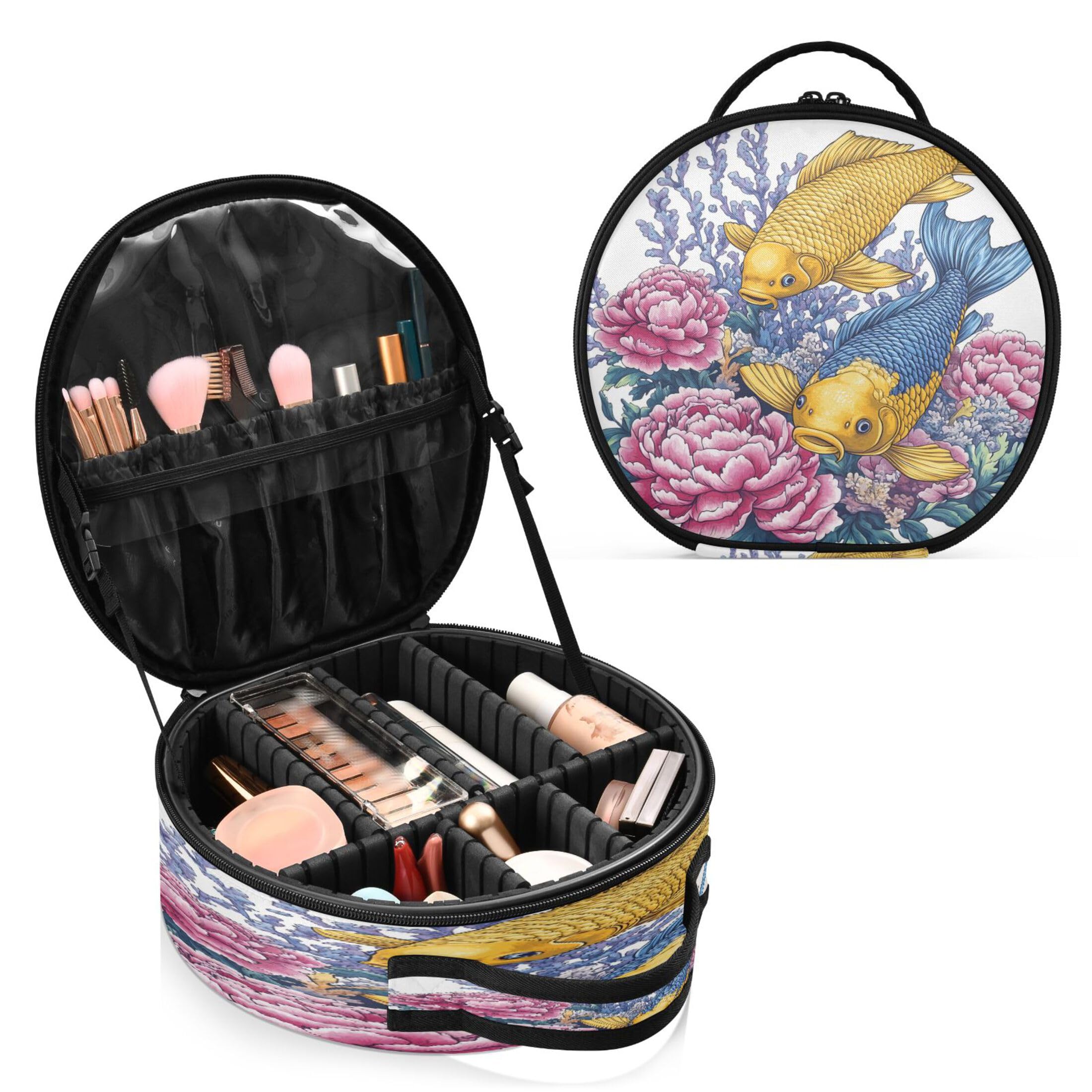 Takiito Yellow Blue Carp Peonies Travel Makeup Case Portable Makeup Box Artist Cosmetic Case Organizer With Adjustable Dividers
